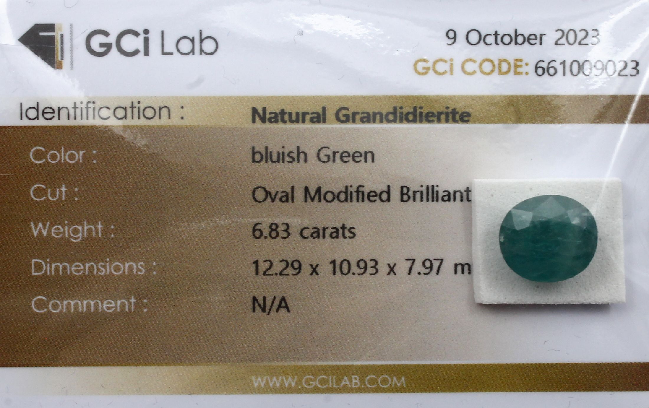 Loser nat. Grandidierite 6.83 ct, oval facett. modifizierter Brillantschliff, bluish Green, ca. 12.29 x 10.93 x 7.97 mm, GCI Blister 10/23