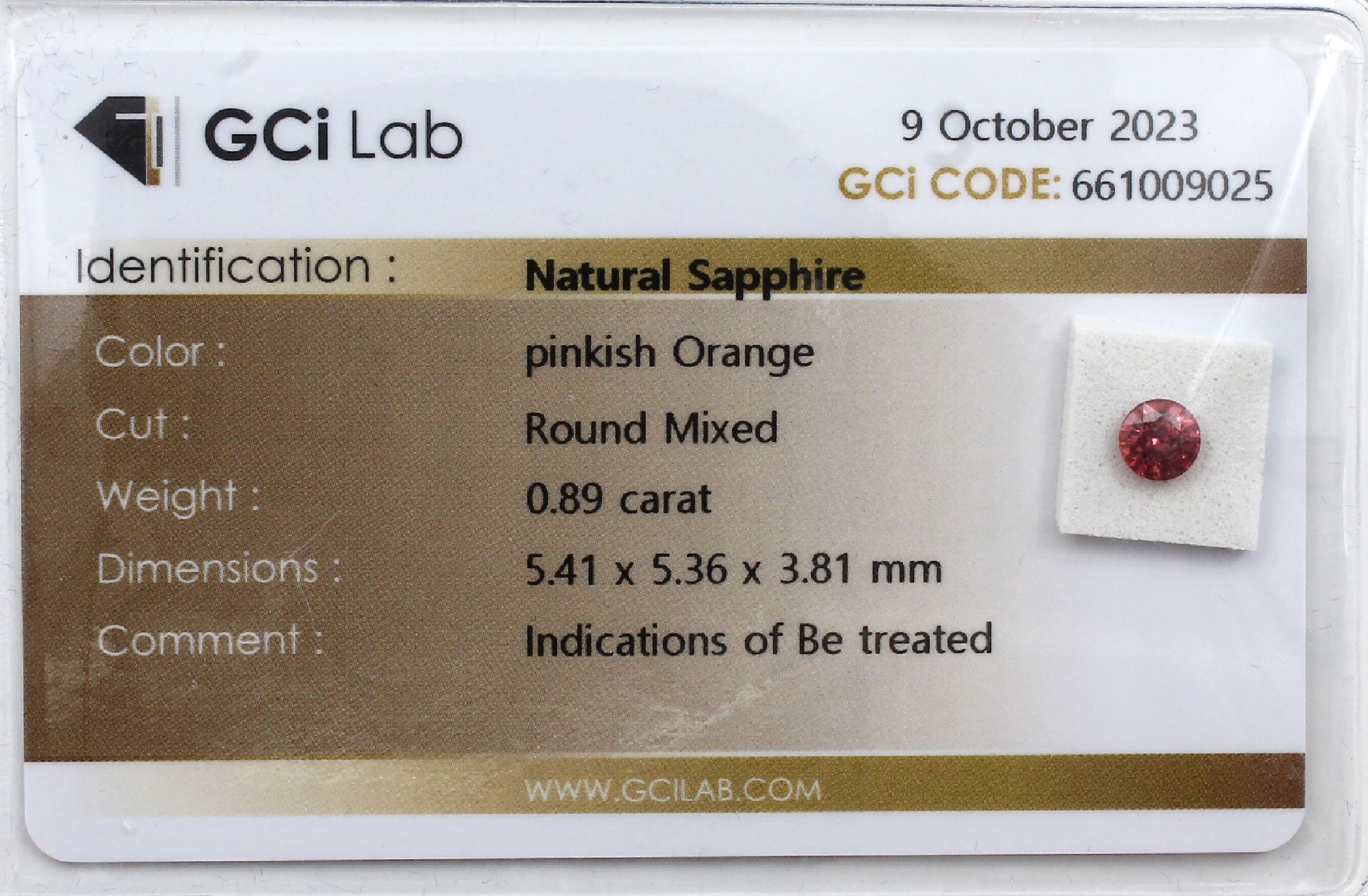 Loser Saphir pinkish Orange, 0.89 ct, rundfacett., 5.41 x 5.36 x 3.81 mm, beh., GCI Blister 10/23