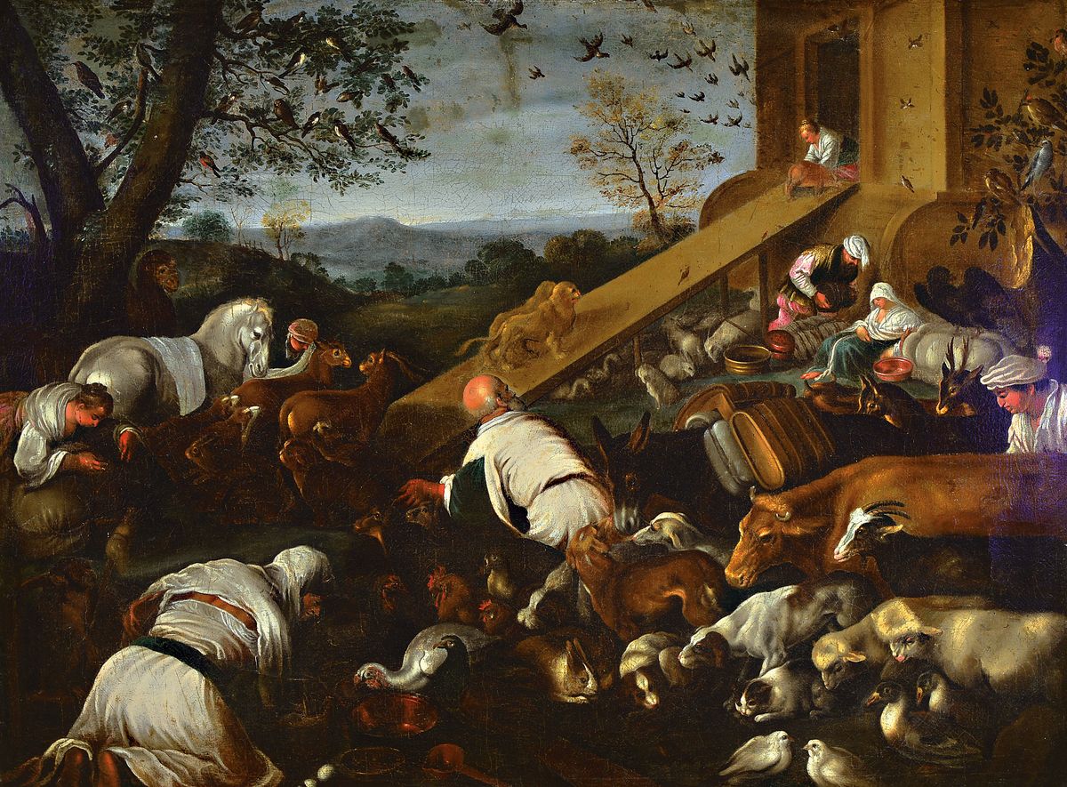 Zuschreibung: Jacopo da Ponte Bassano, 1510-1592 Bassano, Menschen und Tiere beim Betreten der Arche Noah, überwiegende Schilderung von Tieren aus ...