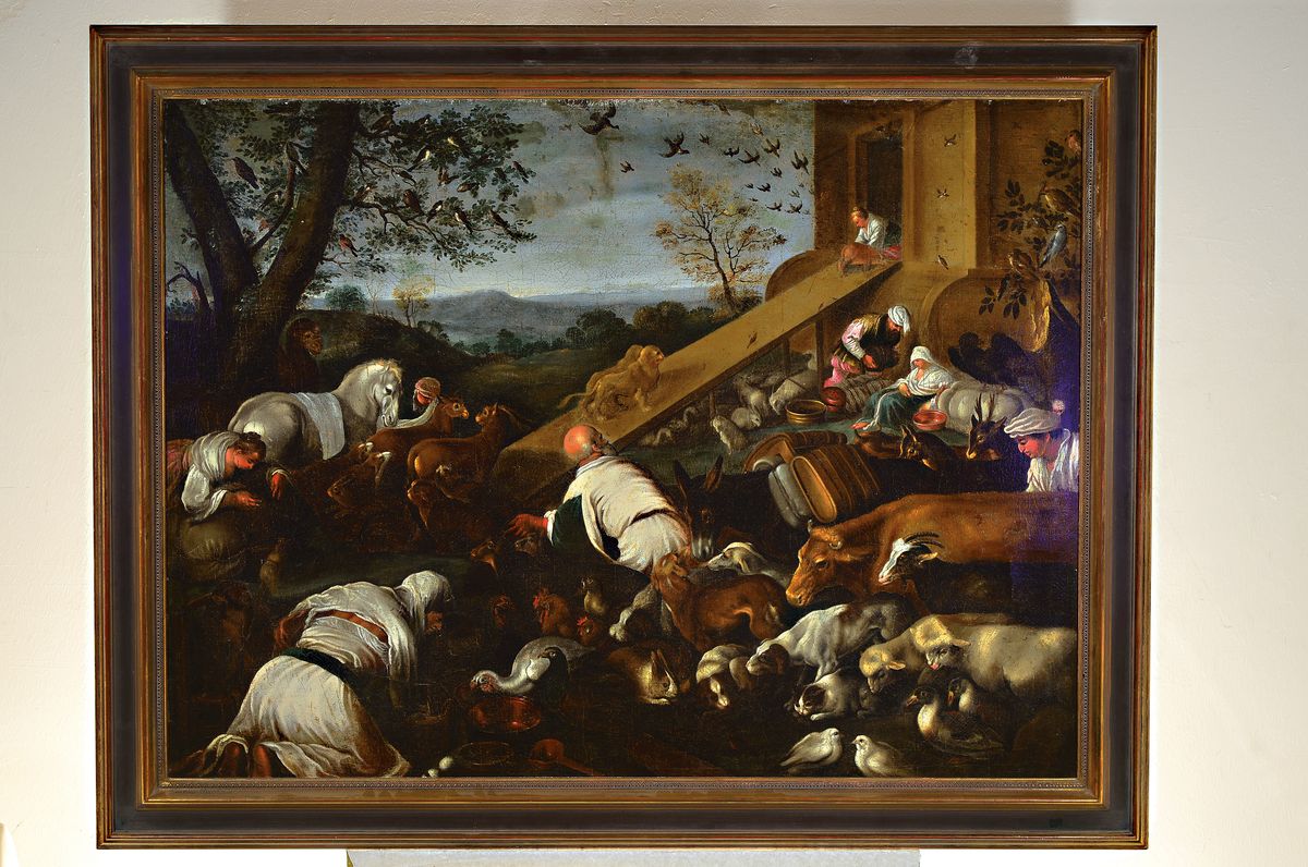 Detail k: Zuschreibung: Jacopo da Ponte Bassano, 1510-1592 Bassano, Menschen und Tiere beim Betreten der Arche Noah, überwiegende Schilderung von Tieren aus ...