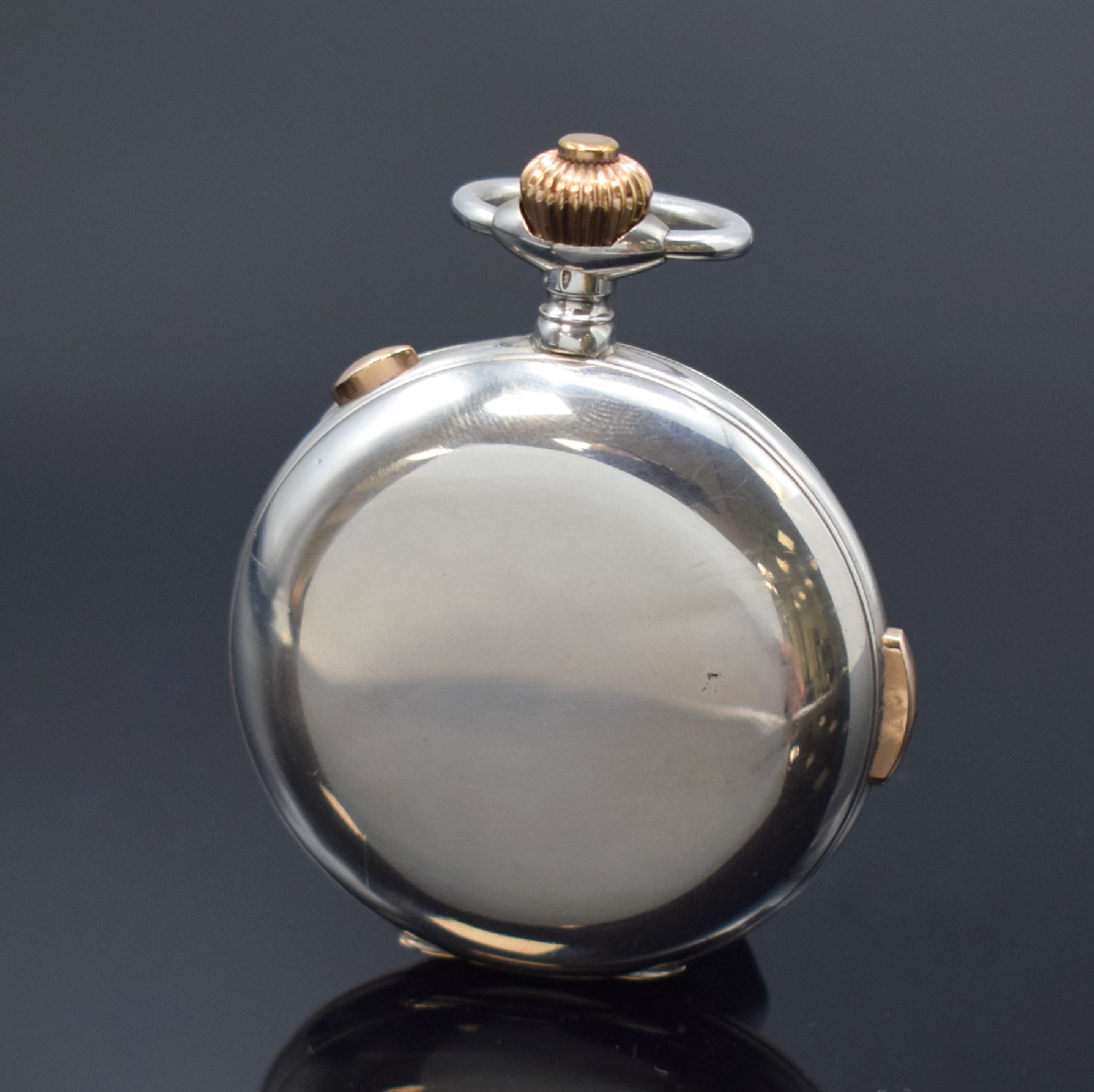 Detail b: Herrensavonette mit 1/4-Stunden-Repetition und Chronograph in Silber, Schweiz um 1900, glattes Geh. dell., Cuvette m. Medaillengrav., verg. Drücker ...
