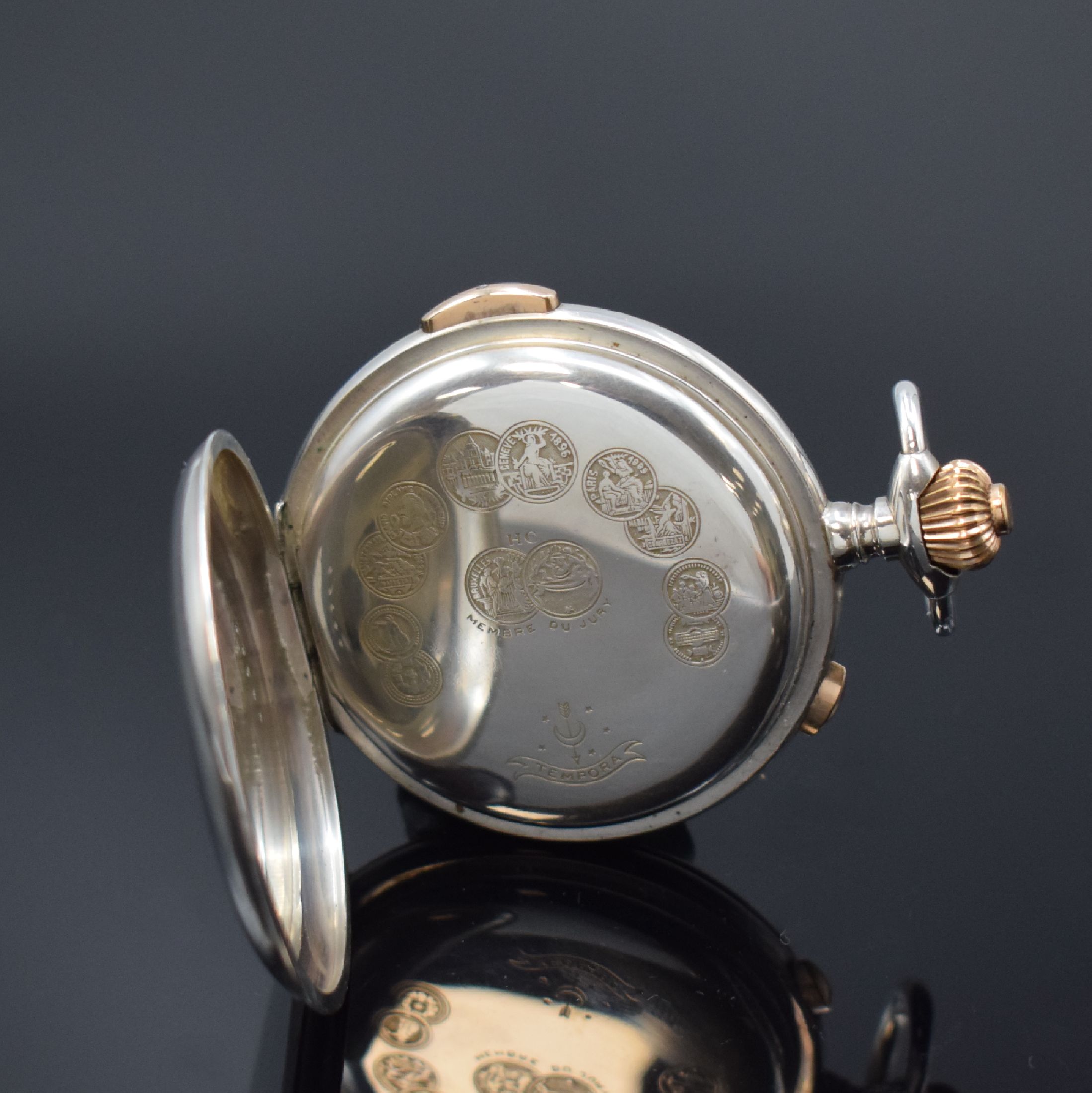 Detail e: Herrensavonette mit 1/4-Stunden-Repetition und Chronograph in Silber, Schweiz um 1900, glattes Geh. dell., Cuvette m. Medaillengrav., verg. Drücker ...