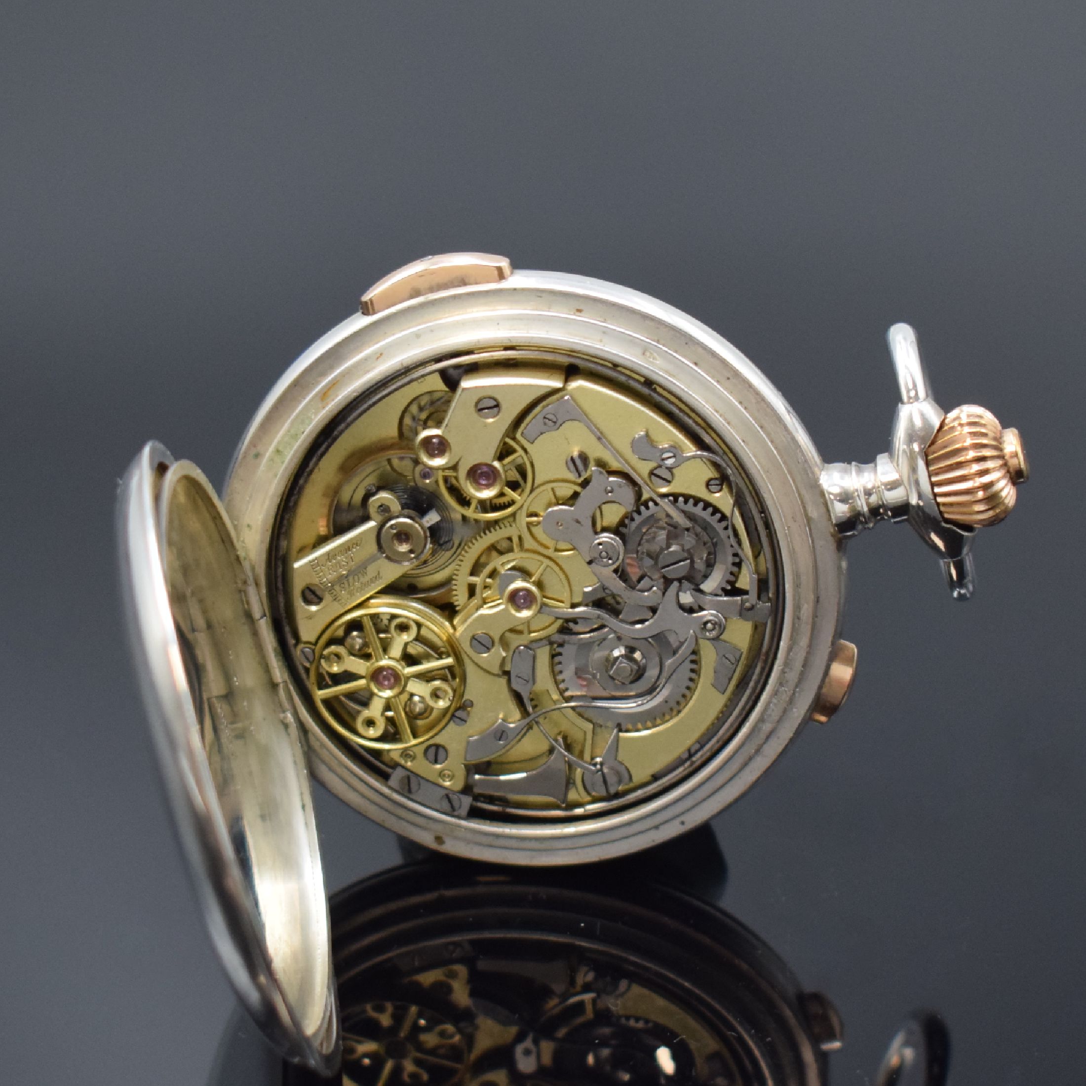 Detail g: Herrensavonette mit 1/4-Stunden-Repetition und Chronograph in Silber, Schweiz um 1900, glattes Geh. dell., Cuvette m. Medaillengrav., verg. Drücker ...