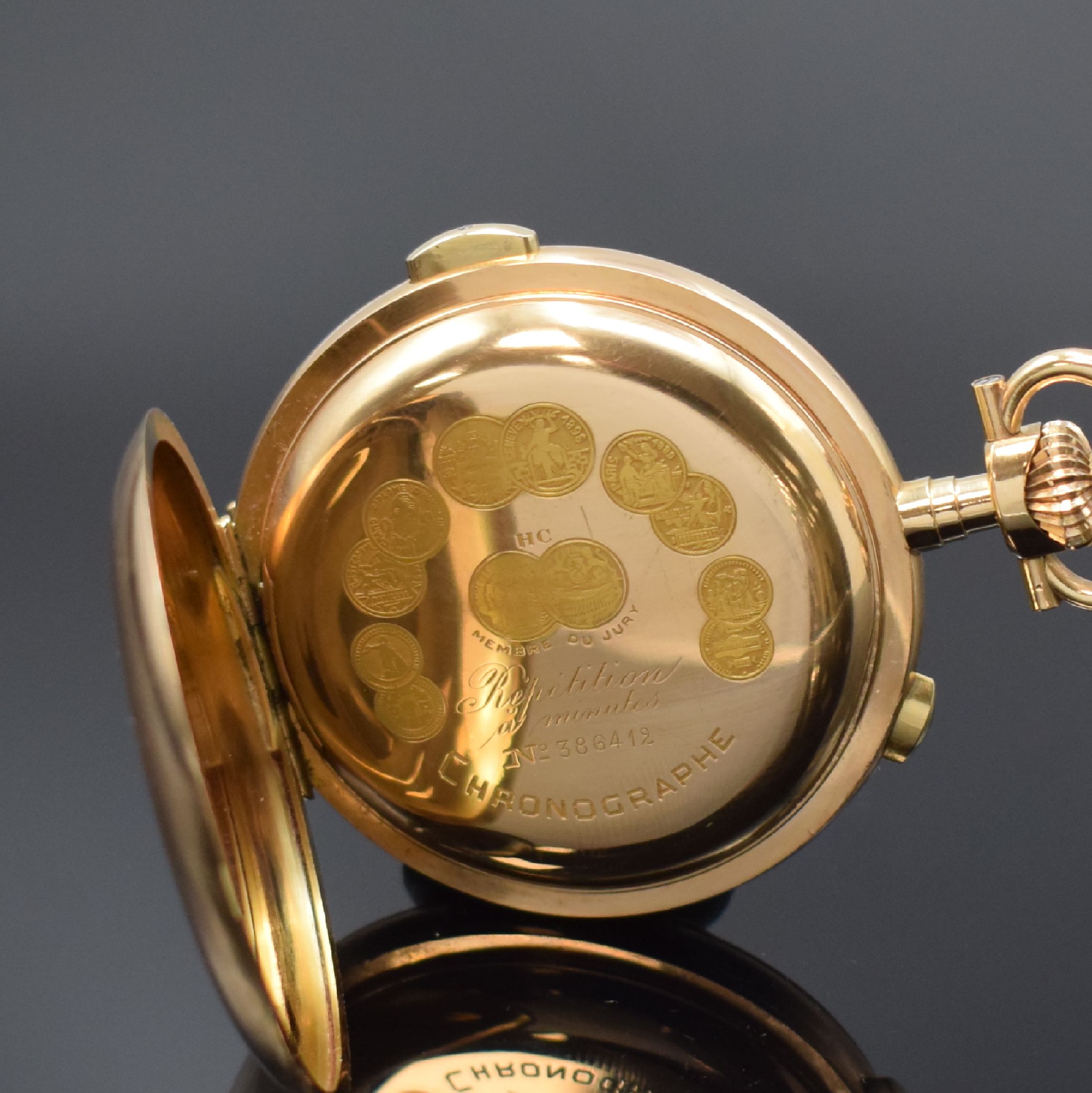 Detail c: Savonette mit Minutenrepetition und Chronograph in RG 585/000, Schweiz um 1900, glattes 3-Deckel Goldgeh. m. gestuftem Pendant, Cuvette m. ...