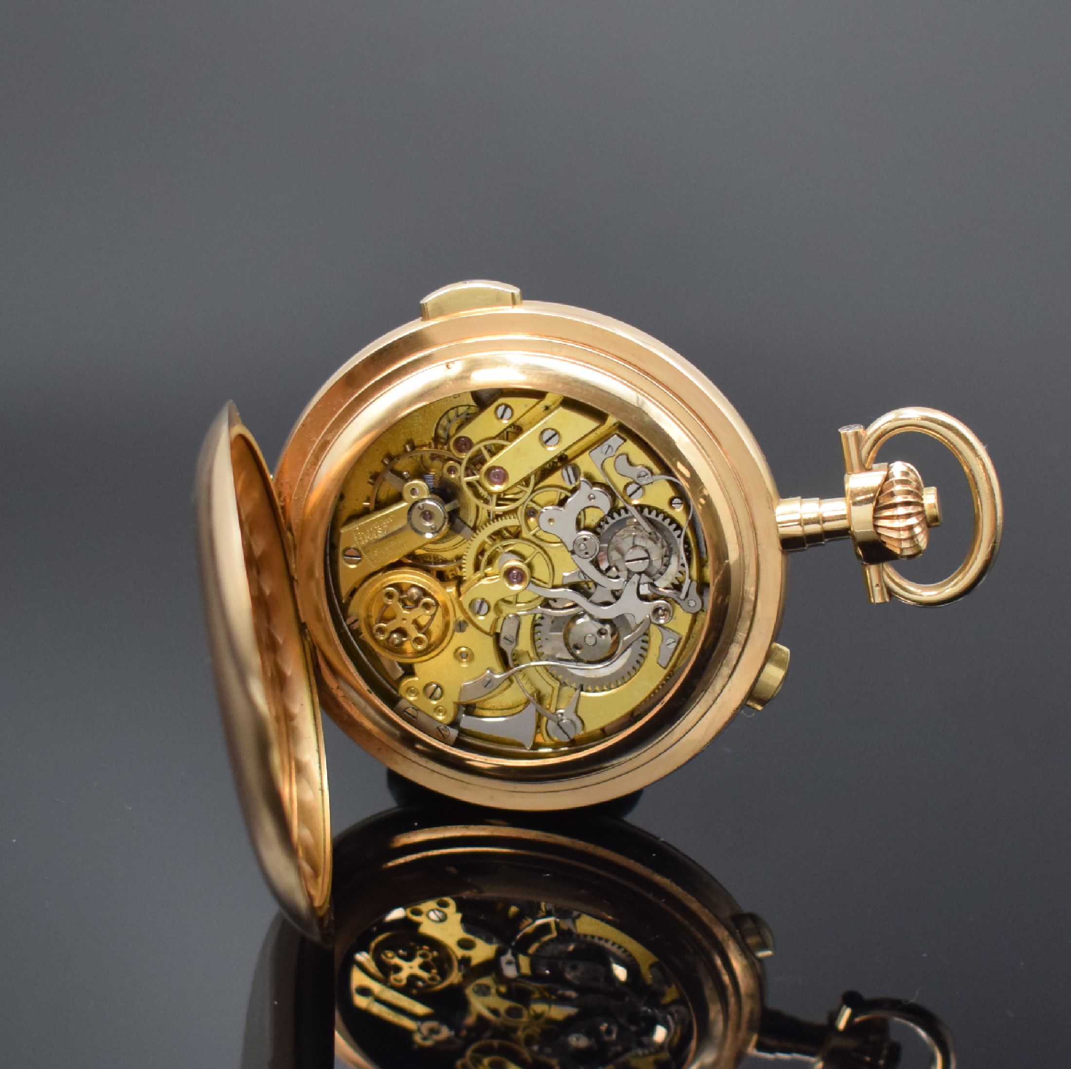 Detail e: Savonette mit Minutenrepetition und Chronograph in RG 585/000, Schweiz um 1900, glattes 3-Deckel Goldgeh. m. gestuftem Pendant, Cuvette m. ...