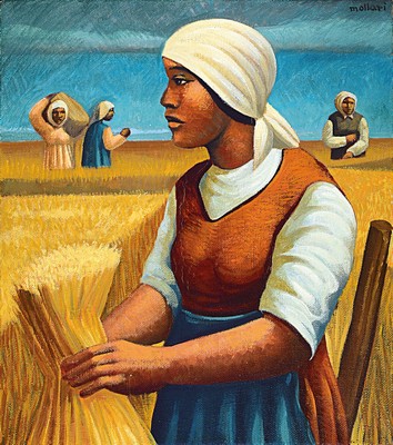 Image 26686512 - Mario Mollari, 1930 Buenos Aires - 2010, argentinischer Maler, bäuerliche Szenerie , Frauen bei der Kornernte, Öl/Lwd, signiert, ca. 80 x 70 cm, Rahmen 88 x 78 cm
