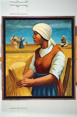 26686512k - Mario Mollari, 1930 Buenos Aires - 2010, argentinischer Maler, bäuerliche Szenerie , Frauen bei der Kornernte, Öl/Lwd, signiert, ca. 80 x 70 cm, Rahmen 88 x 78 cm