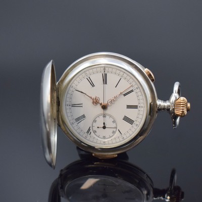 Herrensavonette mit 1/4-Stunden-Repetition und Chronograph in Silber, Schweiz um 1900, glattes Geh. dell., Cuvette m. Medaillengrav., verg. Drücker ...