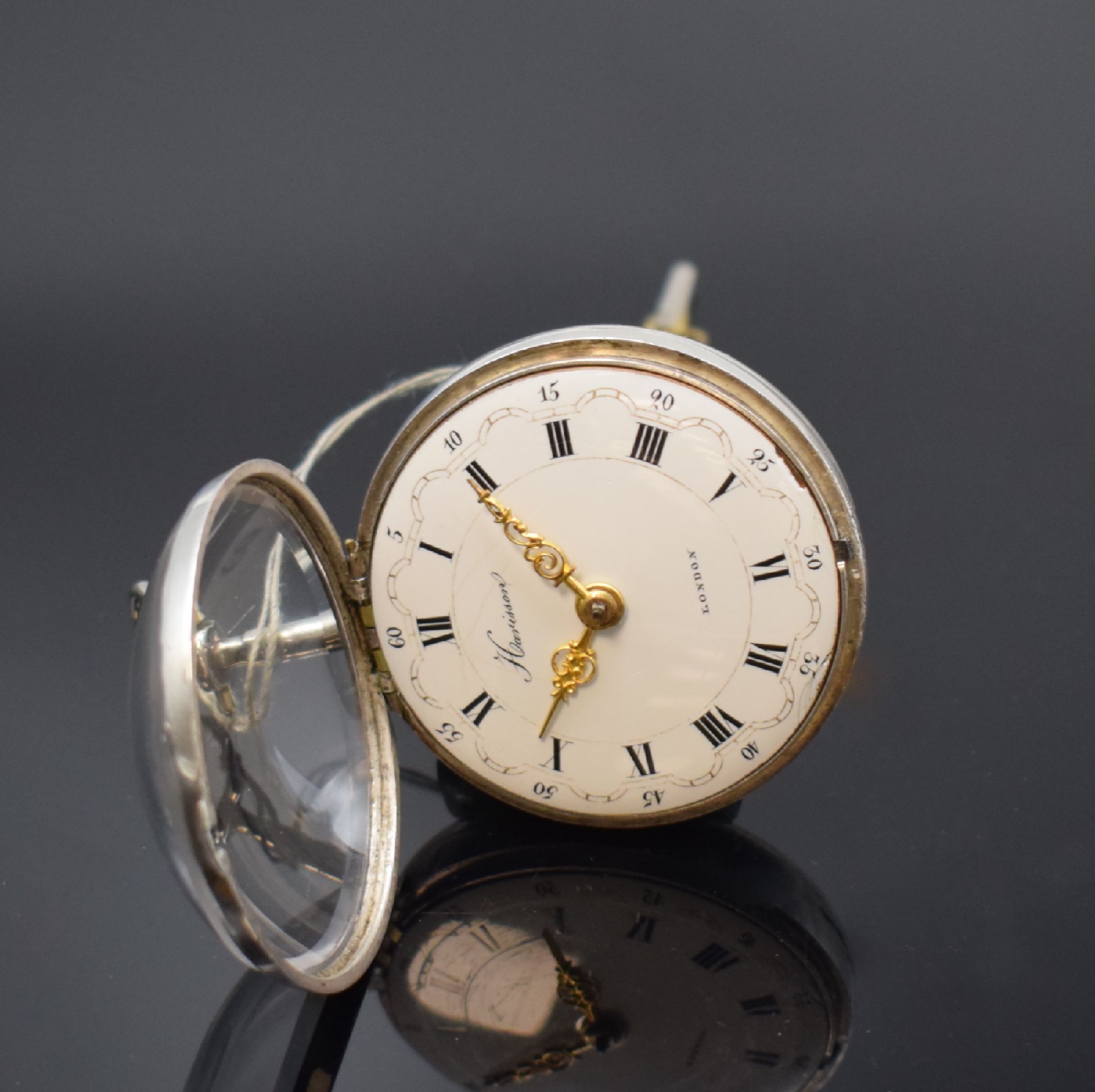 Detail e: HARISSON London große Spindeltaschenuhr mit 3 Übergehäusen in Silber, London Hallmark 1792, glattes Geh. dell., glattes Übergeh. m. großem ...