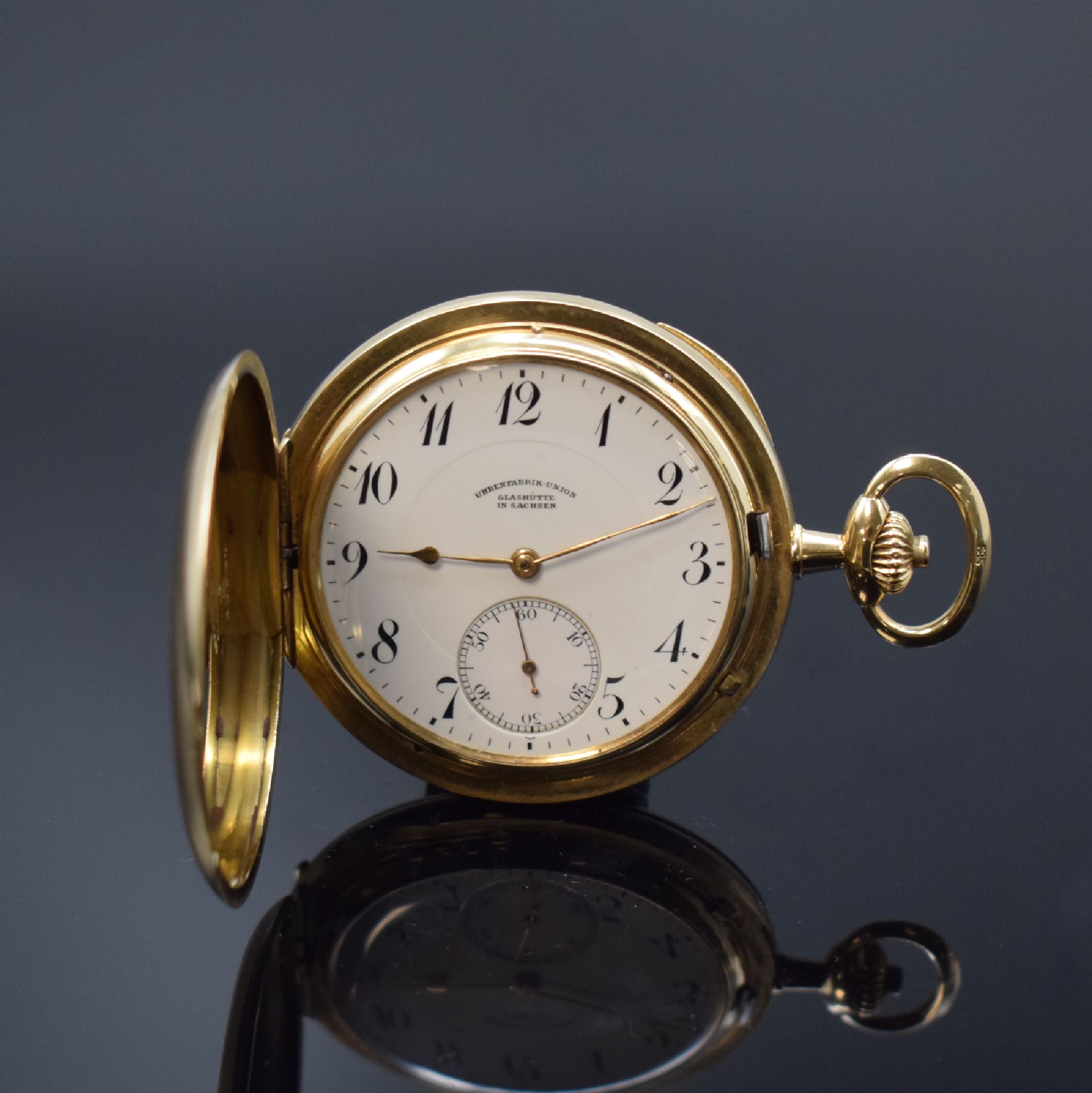 UHRENFABRIK UNION Glashütte Herrensavonette in GG 585/000, Deutschland um 1920, glattes 3-Deckel Goldgeh., 2-tlg. Emailzifferbl. m. Breguetzahlen, ...