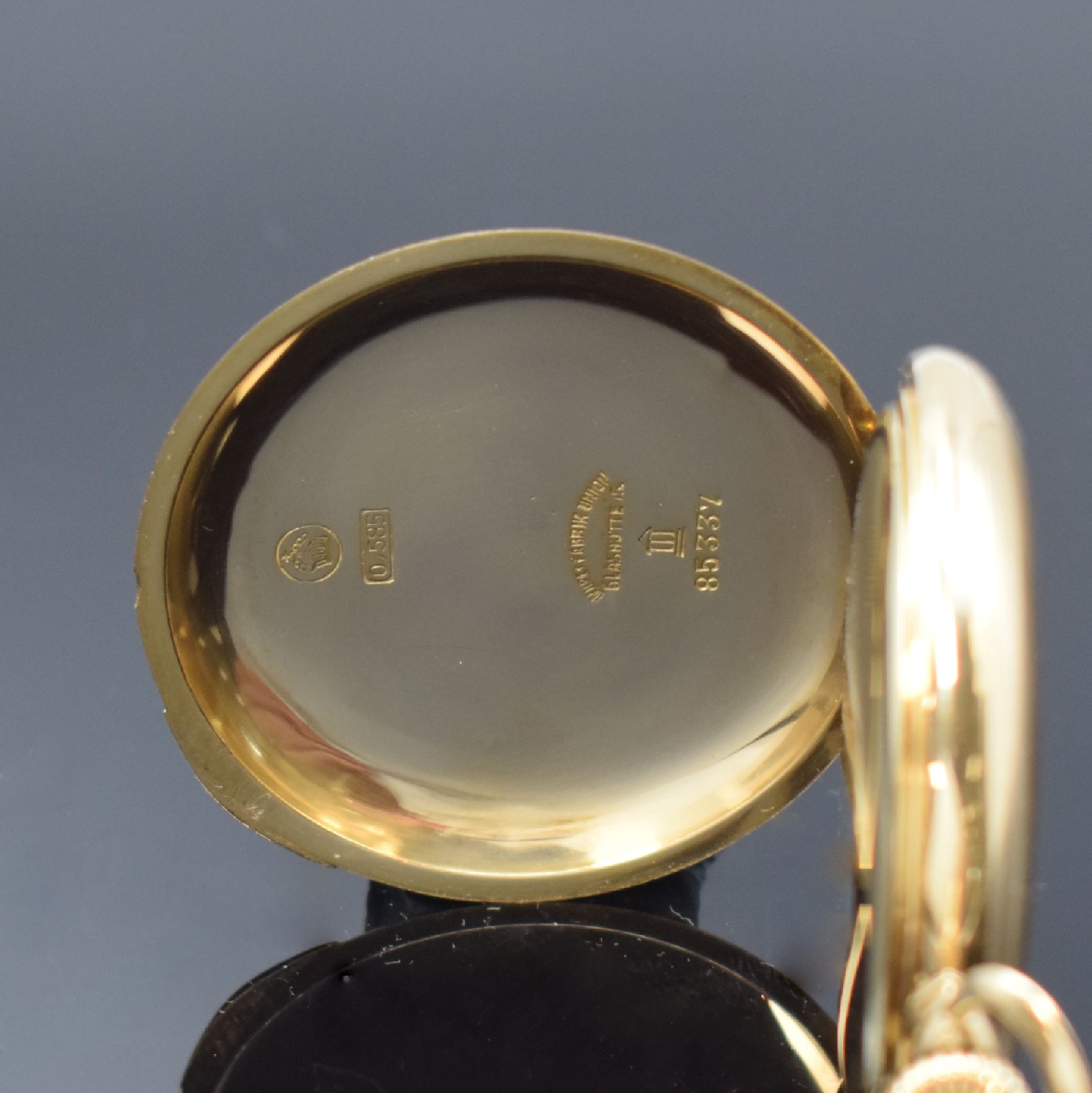 Detail b: UHRENFABRIK UNION Glashütte Herrensavonette in GG 585/000, Deutschland um 1920, glattes 3-Deckel Goldgeh., 2-tlg. Emailzifferbl. m. Breguetzahlen, ...