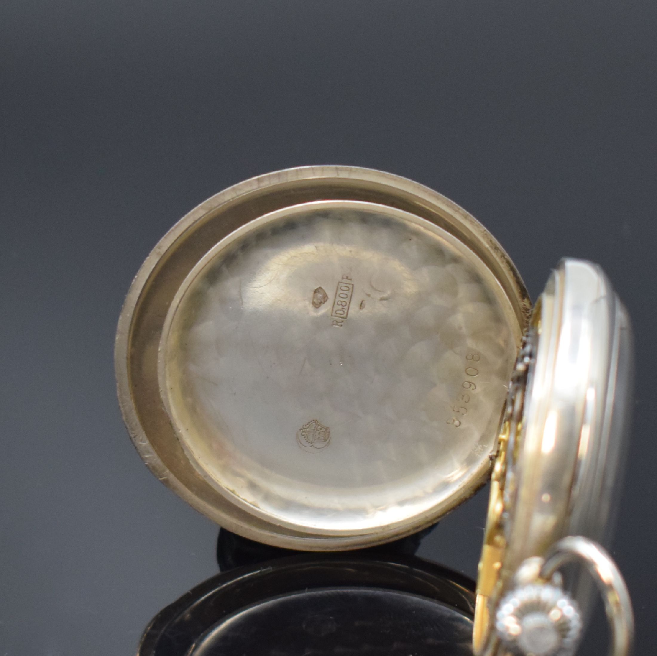 Detail d: F. L. LOEBNER Berlin / Minerva Taschenuhr- Chronograph der Marine-Artillerie in Silber, Schweiz um 1920, guill. Geh. dell., Marine- Nummer und ...