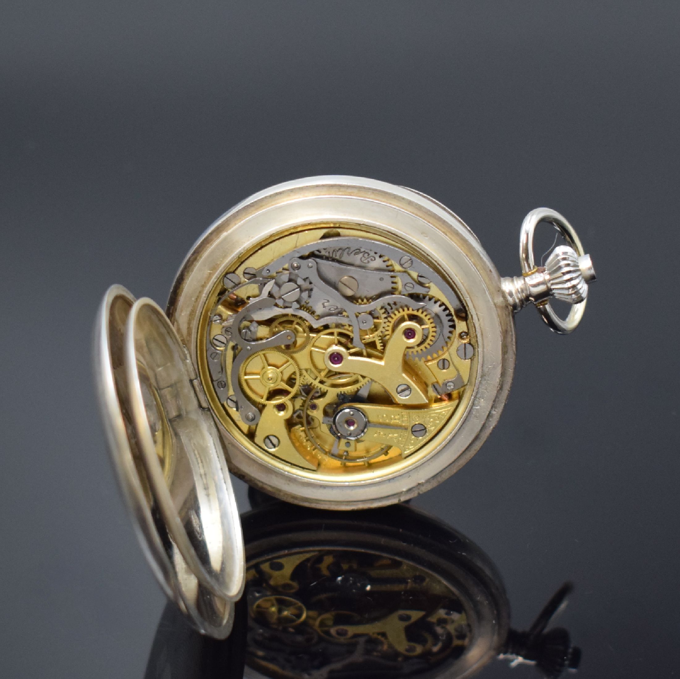 Detail e: F. L. LOEBNER Berlin / Minerva Taschenuhr- Chronograph der Marine-Artillerie in Silber, Schweiz um 1920, guill. Geh. dell., Marine- Nummer und ...