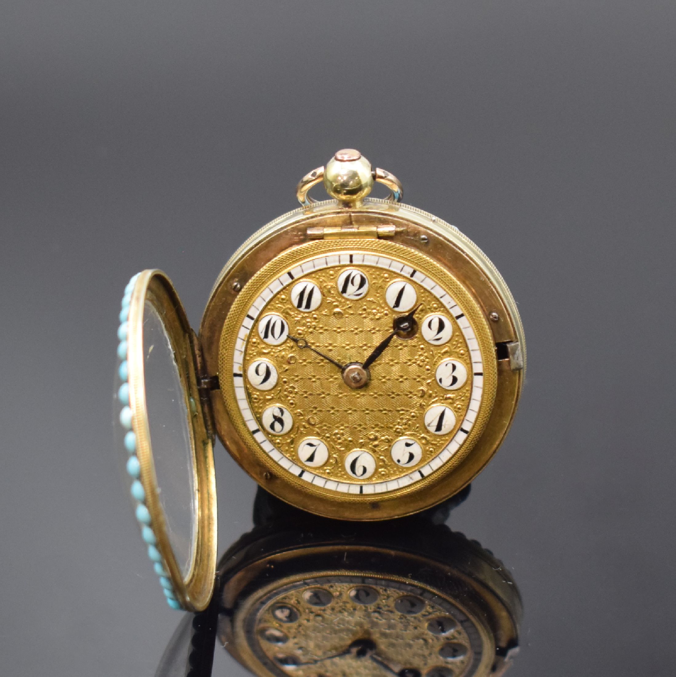 Detail b: Spindeltaschenuhr mit Schmucksteinbesatz, Schweiz um 1820, glattes verg. Geh. dell., verg. Zifferbl. m. arab. Emailkartuschen, Emailminuterie, Zeiger ...