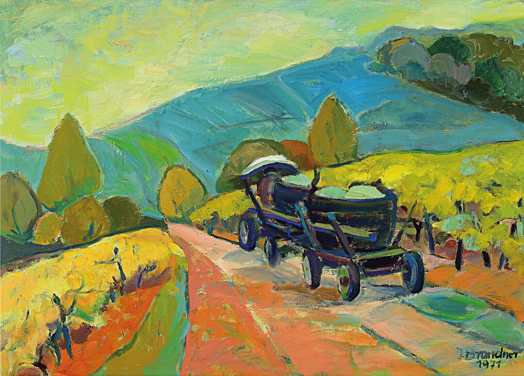 Ingeborg Brandner, 1920-1987 Dörrenbach, Furhwerk am Weinberg, Öl/Lwd, rechts unten sign. und dat. 71, ca. 50x70cm, R. ca. 64x84cm