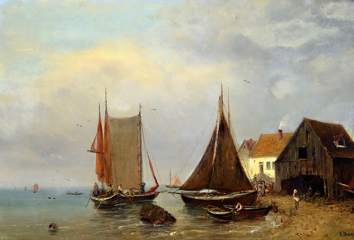 Robert Danz, 1841 Oberweißbach-1916 Bad Kreuznach, Studium an der Akademie Weimar, hier: Segelboote am Strand, Öl/Lwd, rechts unten signiert, ca. ...