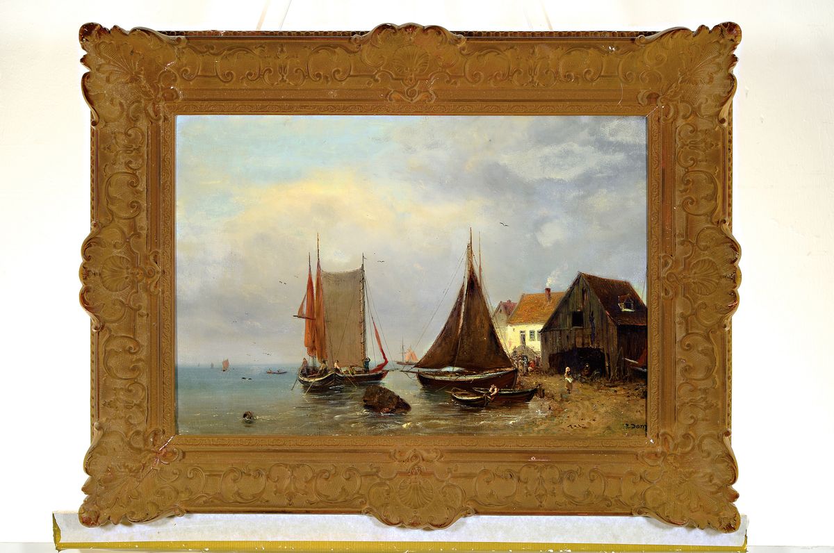 Detail k: Robert Danz, 1841 Oberweißbach-1916 Bad Kreuznach, Studium an der Akademie Weimar, hier: Segelboote am Strand, Öl/Lwd, rechts unten signiert, ca. ...