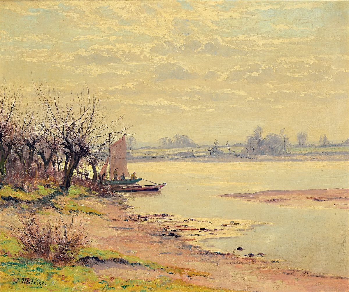 J. Metzler, Maler der 1. Hälfte des 20. Jh.,Niederrheinische Landschaft mit Fischern und Kopfweiden, ÖL/Lwd, links unten sign., ca. 50x60cm, R. ca. ...