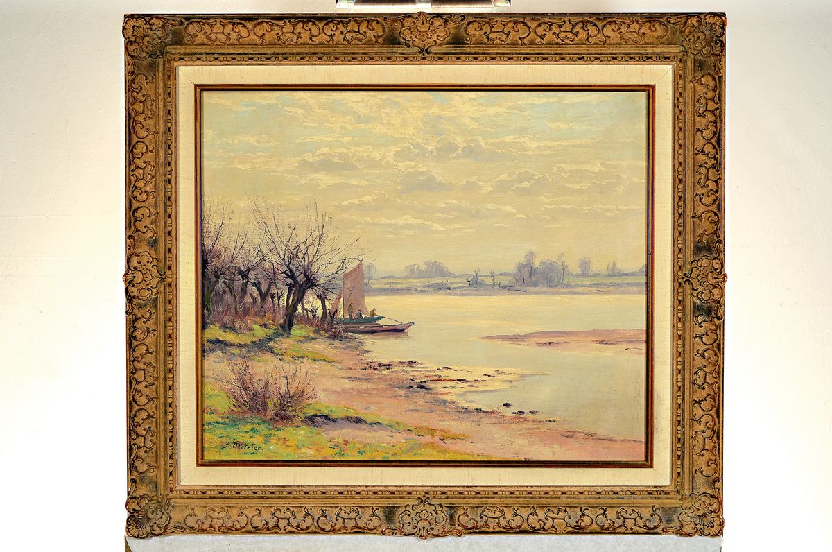 Detail k: J. Metzler, Maler der 1. Hälfte des 20. Jh.,Niederrheinische Landschaft mit Fischern und Kopfweiden, ÖL/Lwd, links unten sign., ca. 50x60cm, R. ca. ...