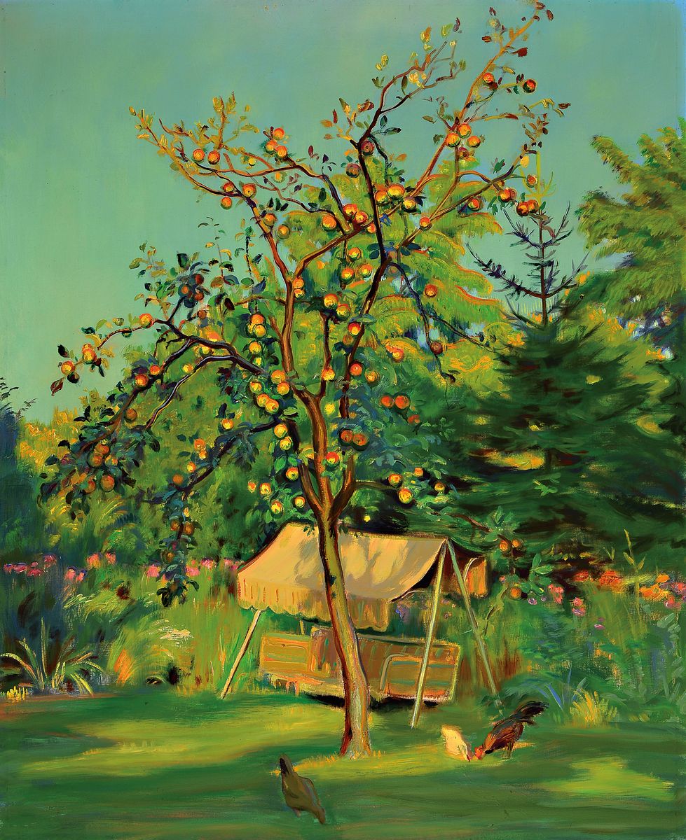 Hermann Croissant, 1897-1963 Landau, Im Garten des Künstlers, Hühner unter einem Apfelbaum, im Hintergrund eine Hollywood- Schaukel, Öl/Lwd, ...