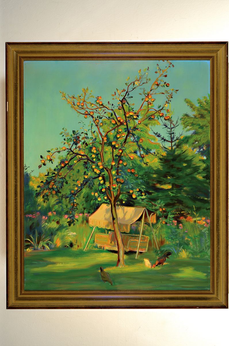 Detail k: Hermann Croissant, 1897-1963 Landau, Im Garten des Künstlers, Hühner unter einem Apfelbaum, im Hintergrund eine Hollywood- Schaukel, Öl/Lwd, ...