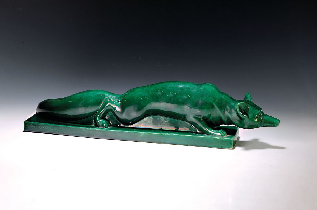 Charles Lemanceau, 1905 Paris - 1980 Trebeuden, große Keramikskulptur, Art Deco, großer Fuchs, grün glasiert, Lemanceau signiert, ca. 60 cm, H. ...