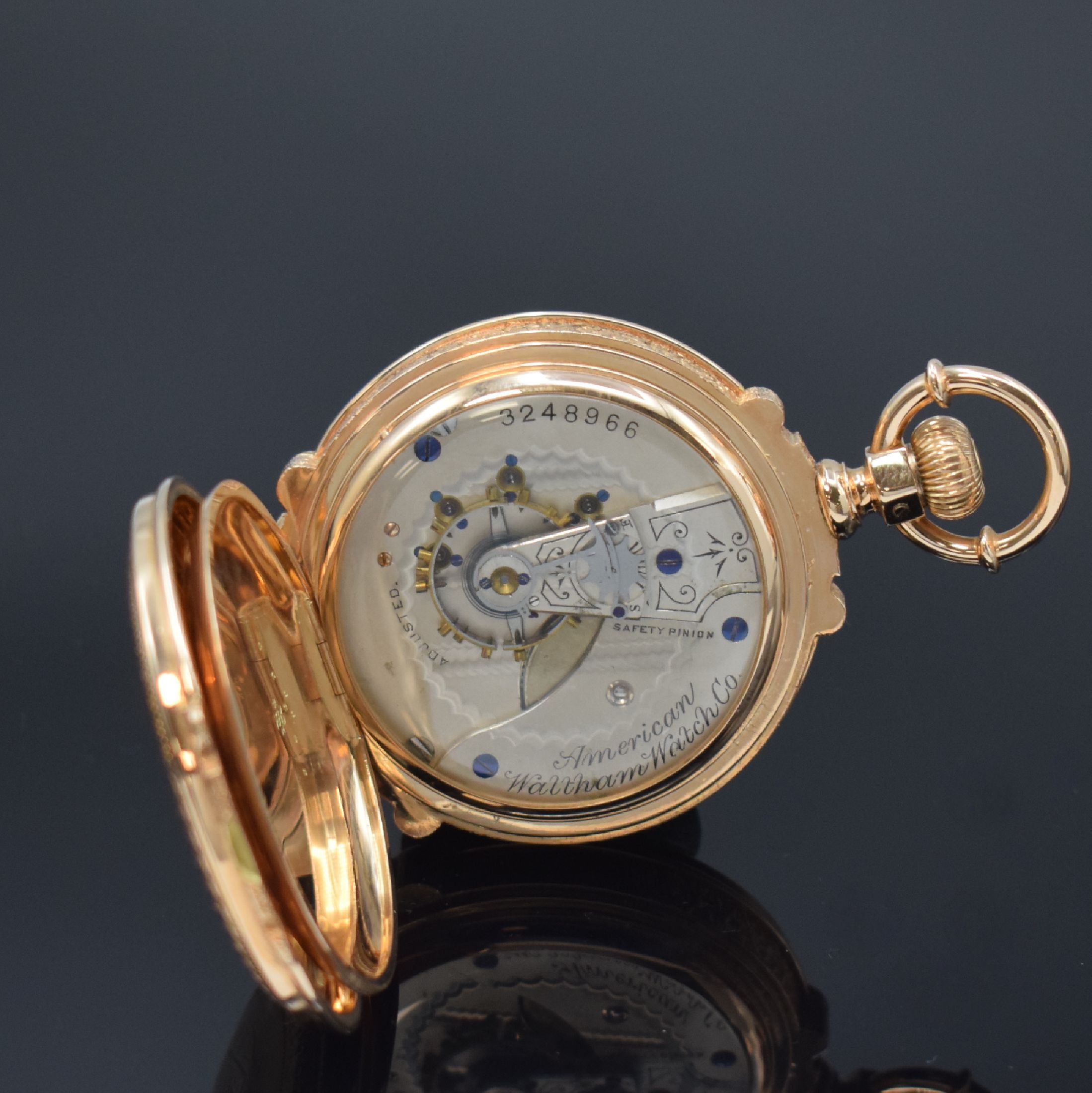 Detail g: AMERICAN WALTHAM Watch Company schwere Savonette in RoseG 585/000, USA um 1888, aufw. graviertes 3-Deckel Gold-Prunkgehäuse, beide Schalen m. ...