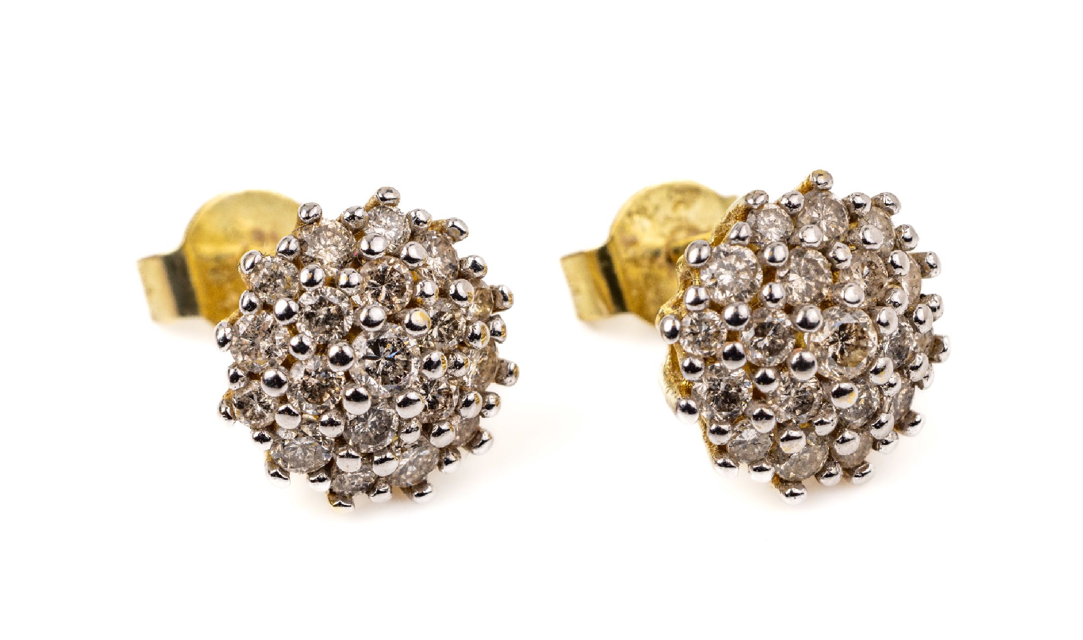 Paar 14 kt Gold Brillant-Ohrstecker, GG/WG 585/000, Aufbau in mehreren Ebenen, 38 Brillanten zus. ca. 0.80 ct Weiß/p 1, ca. 3.3 g