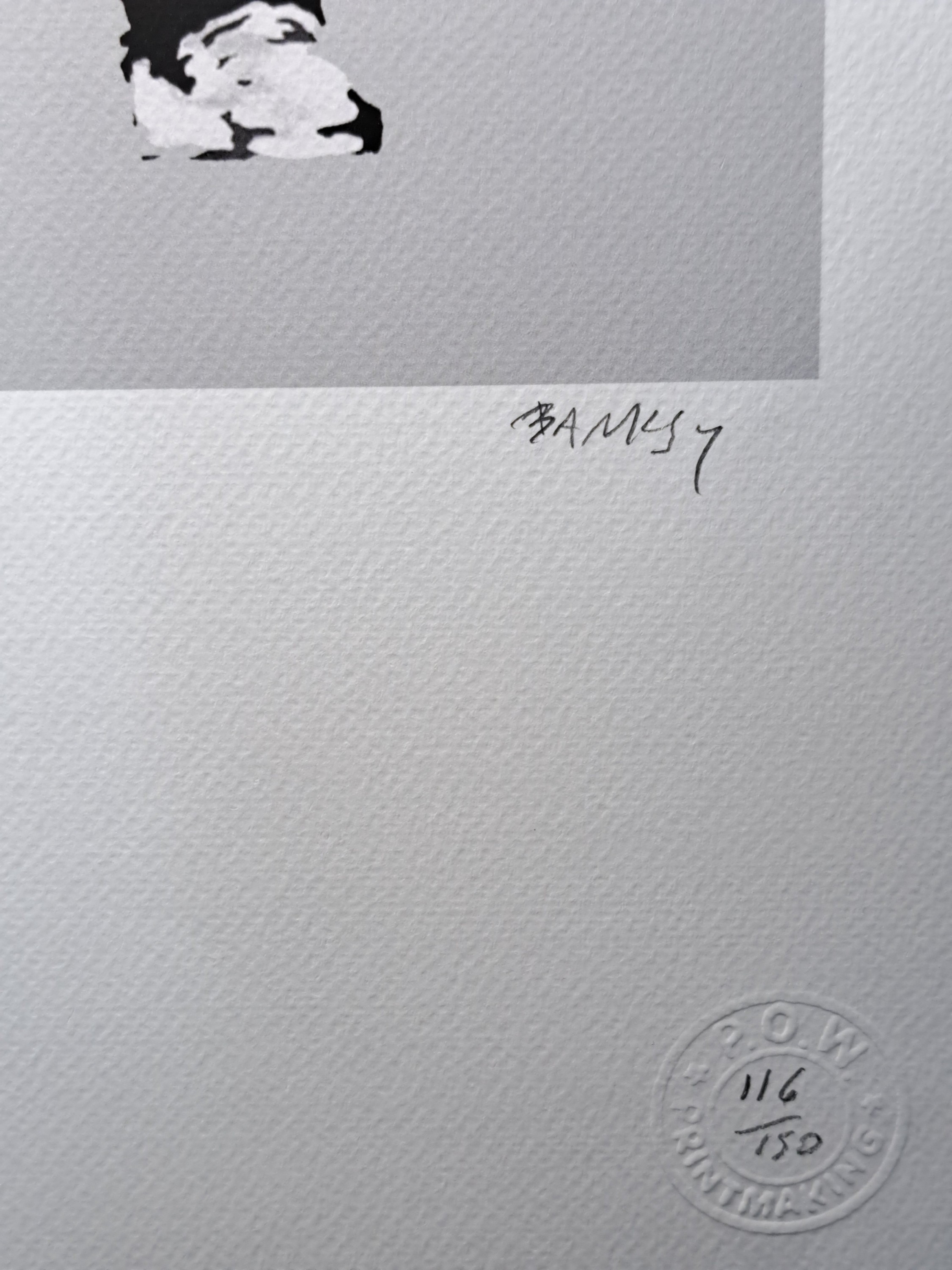 Detail b: Banksy, Choose Your Weapons, Farboffset, signiert,Trockenstempel P.O.W. Printmaking,handsigniert und num. 116/150, ca.70 x 50 cm