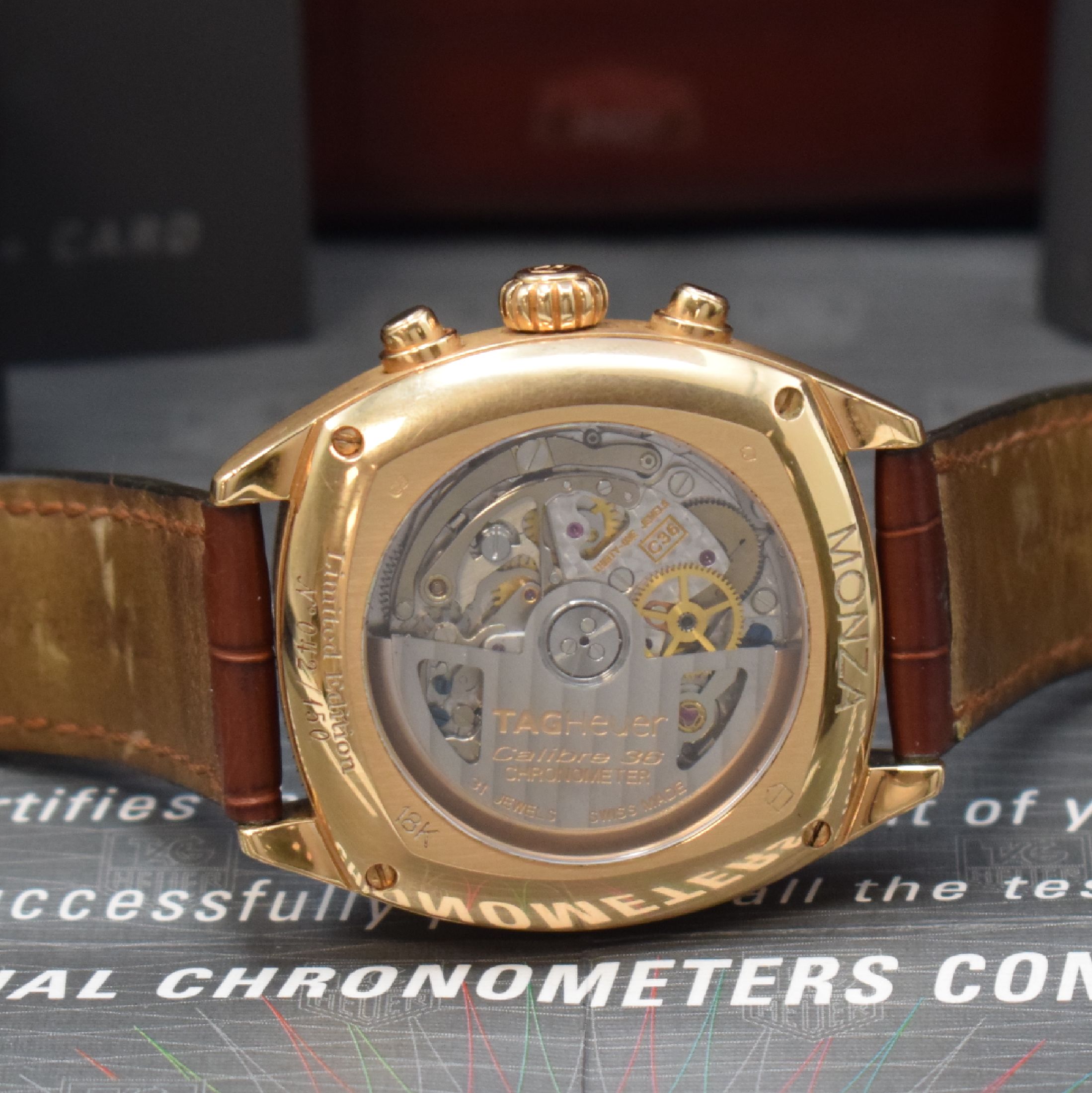 Detail e: TAG HEUER Monza Calibre 36 seltener, auf 150 Stück limitierter Schaltradchronograph in RoseG 750/000, Automatik, Schweiz um 2005, ...