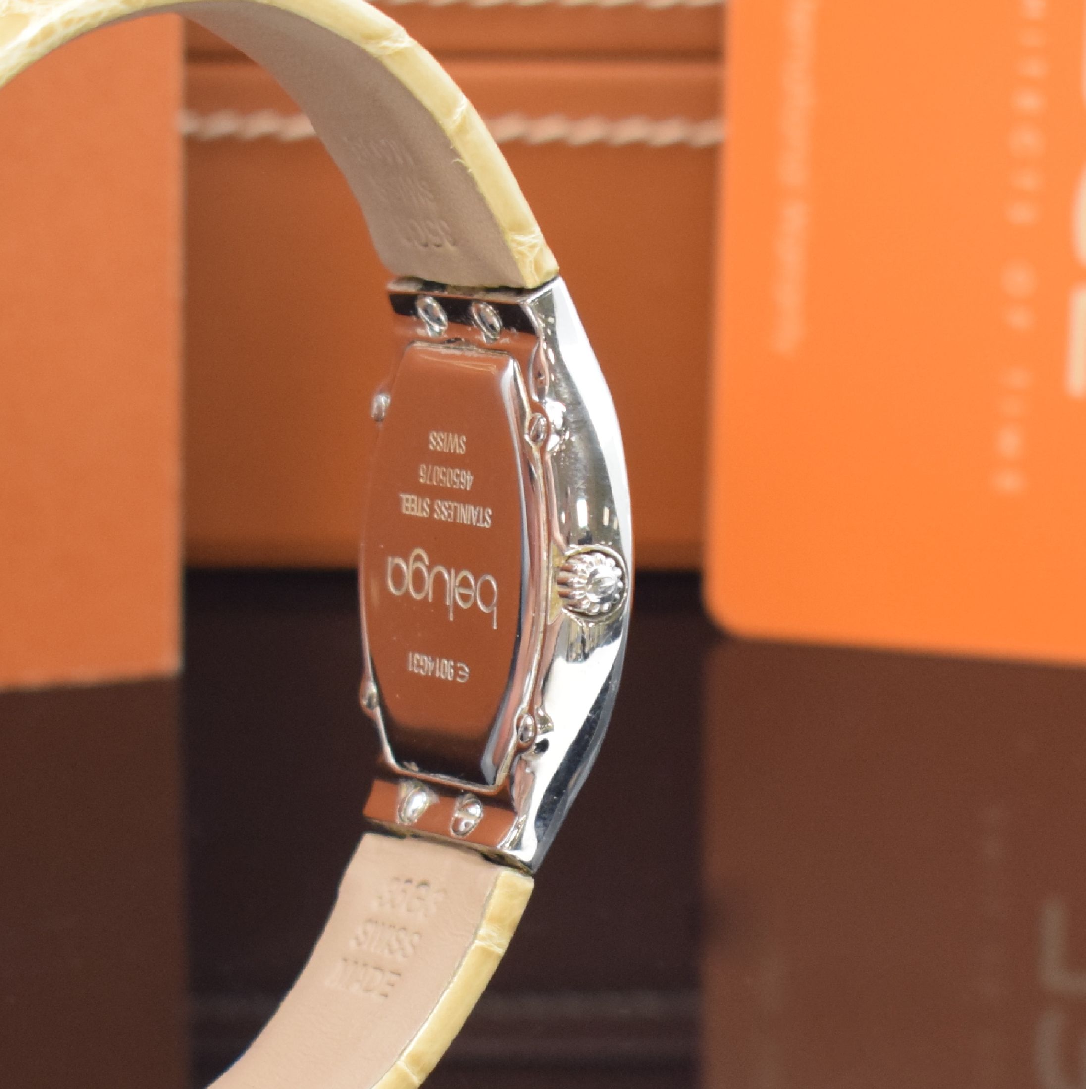 Detail c: EBEL Beluga Damenarmbanduhr Referenz 9014G31, Schweiz um 2010, quarz, Edelstahlgeh. inkl. orig. Lederband m. orig. Faltschl., Boden 4- fach ...