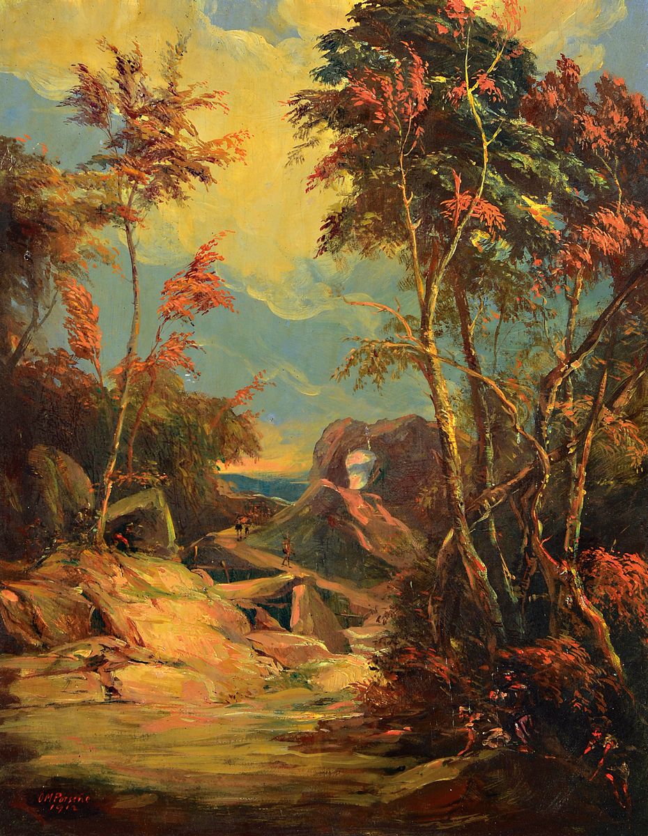 Otto Maria Porsche, 1858 Gabel - 1931 München , Gebirgslandschaft mit Personen, Öl/Holz, li. u. signiert und dat. 1912, 48x37 cm, Rahmen 67x55 cm; ...