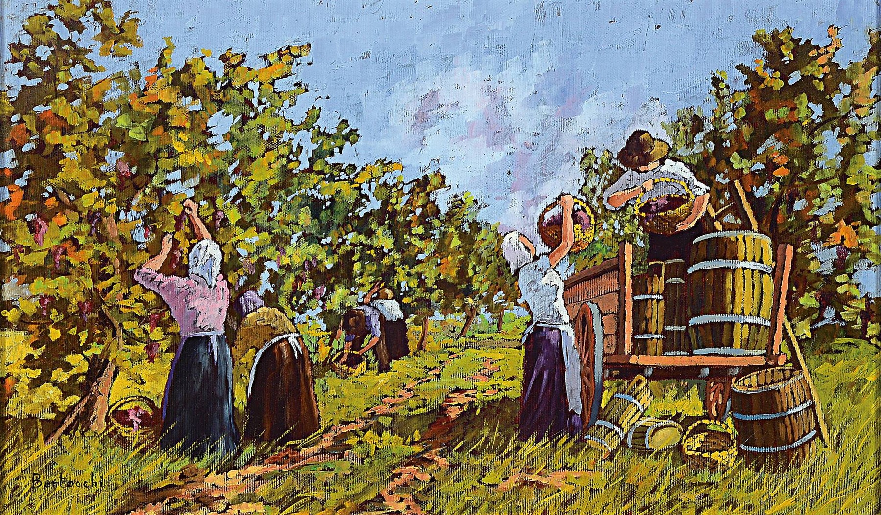 Bertocchi, Apfelernte, Öl/Platte, signiert, rückseitig bezeichnet und mit Etikett, 30 x 50 cm, unter Glas, Rahmen ca. 52 x 72 cm