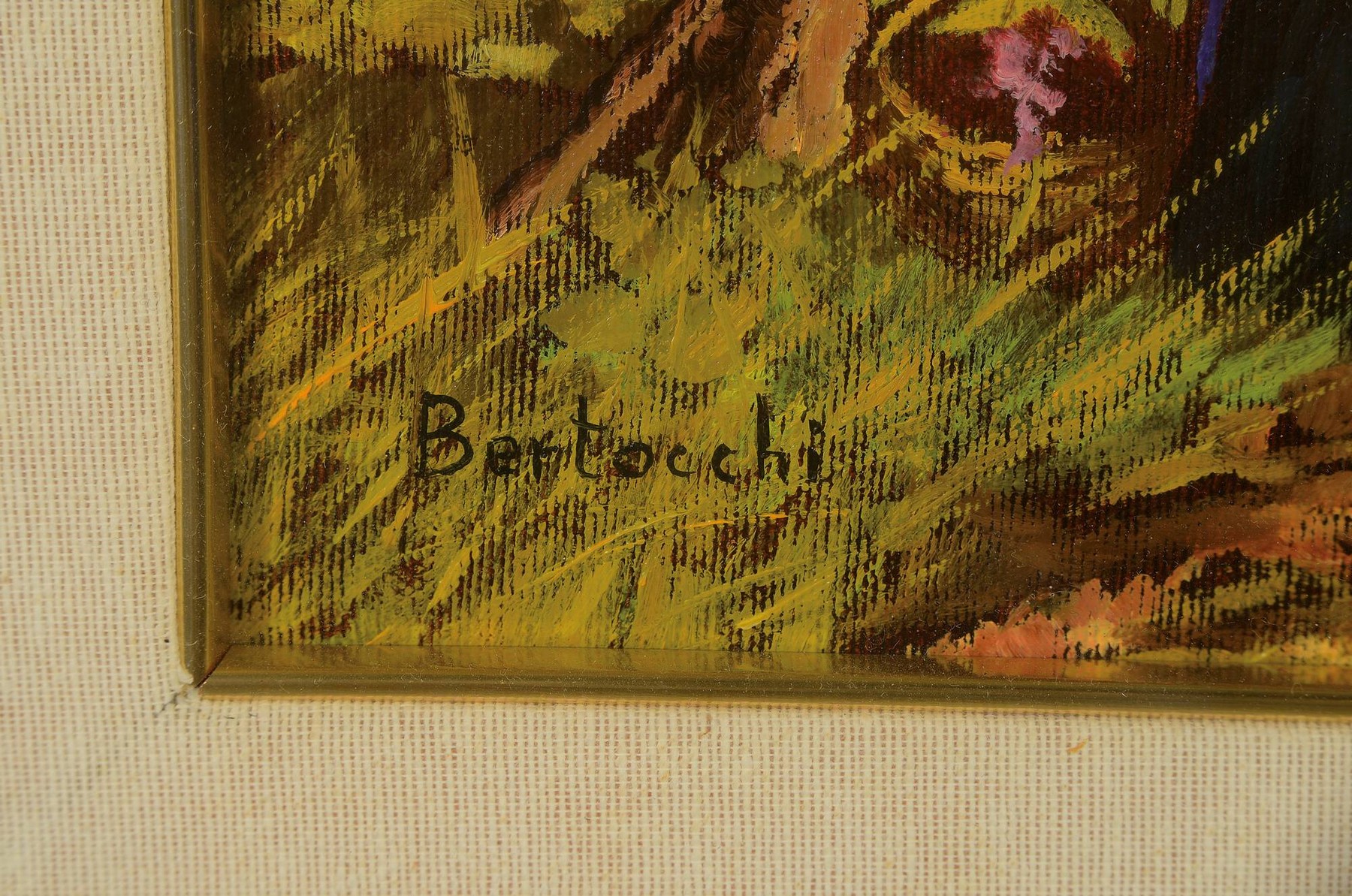 Detail a: Bertocchi, Apfelernte, Öl/Platte, signiert, rückseitig bezeichnet und mit Etikett, 30 x 50 cm, unter Glas, Rahmen ca. 52 x 72 cm