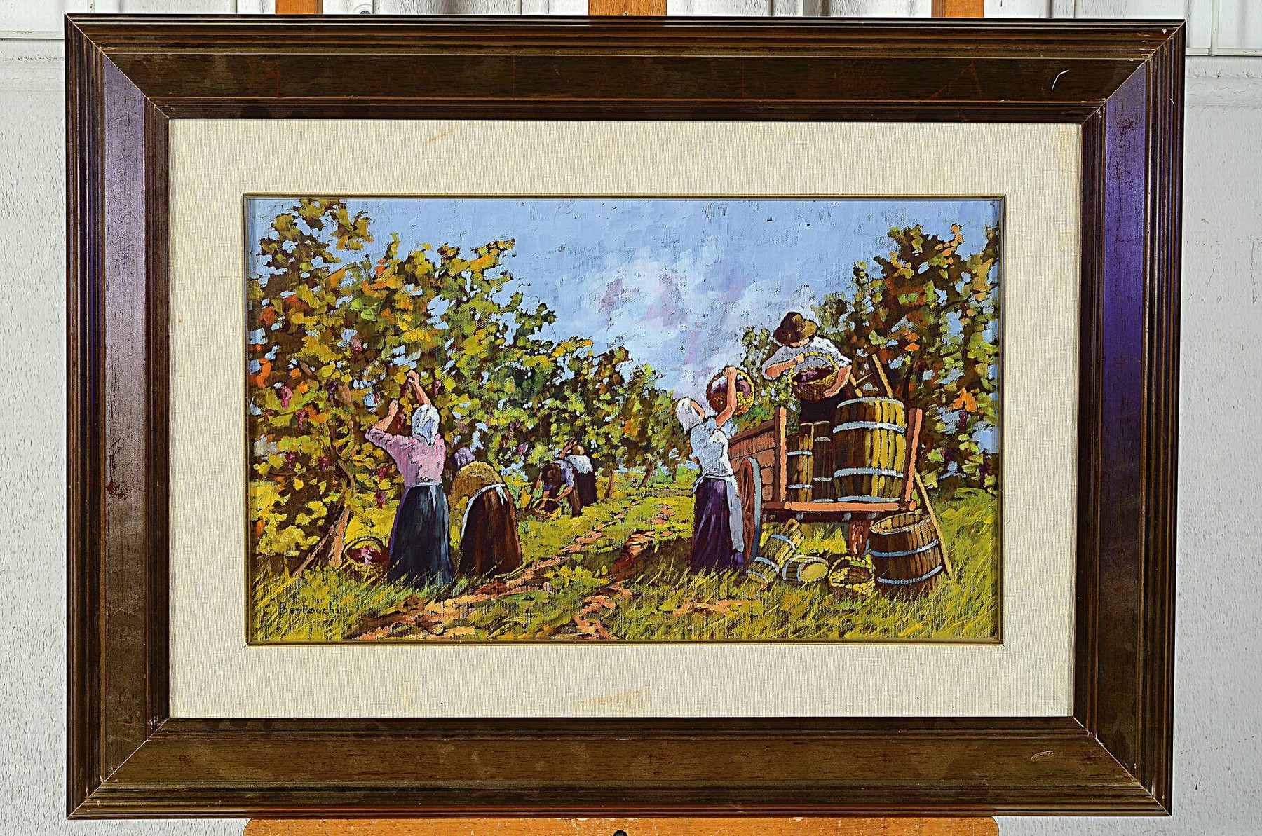 Detail k: Bertocchi, Apfelernte, Öl/Platte, signiert, rückseitig bezeichnet und mit Etikett, 30 x 50 cm, unter Glas, Rahmen ca. 52 x 72 cm