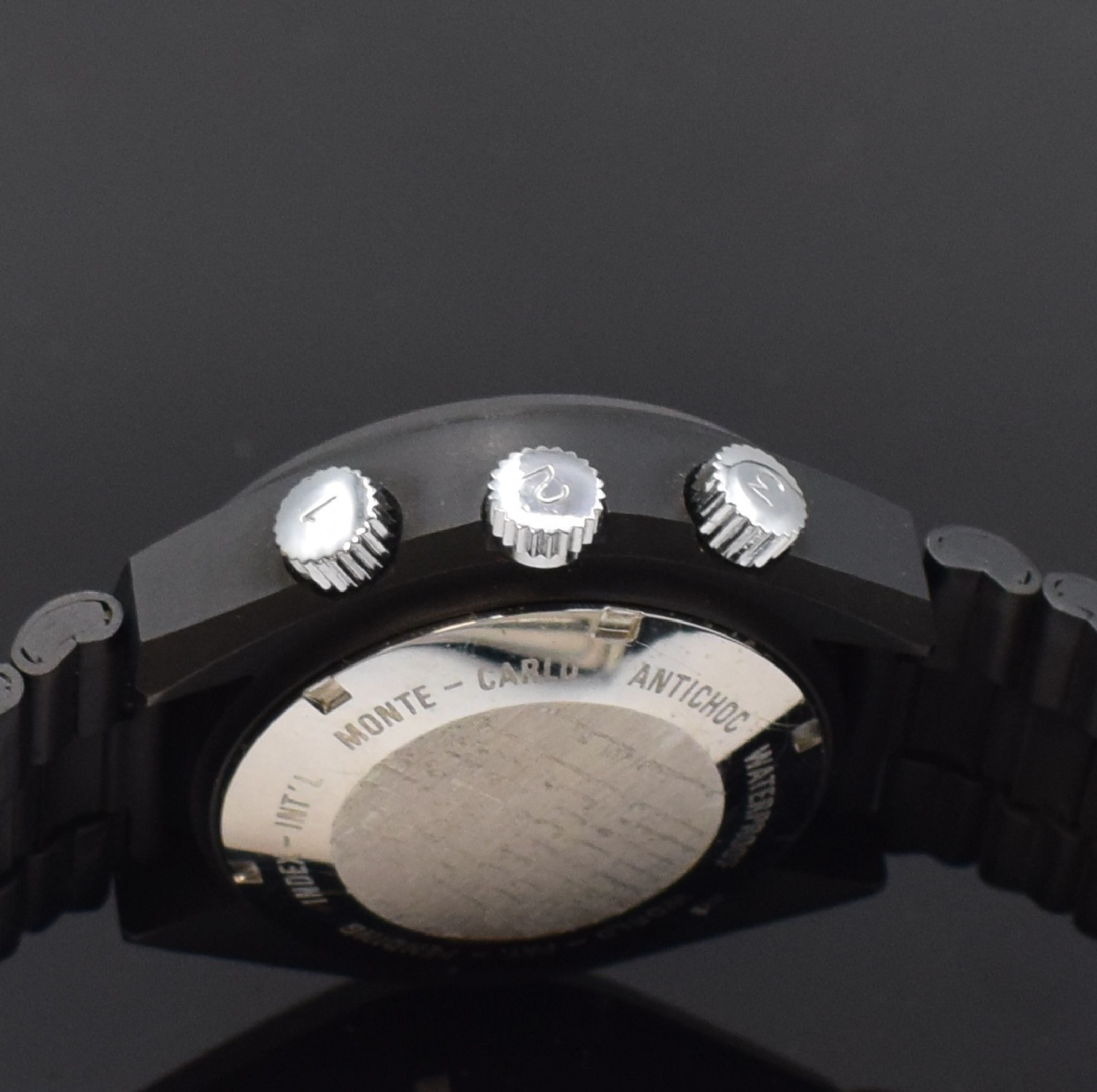 Detail b: DALIL sog. Moslems-Watch gut erhaltene Herrenarmbanduhr mit Kompass, Schweiz um 1975, Automatik, geschwärztes Gehäuse inkl. Gliederband m. ...