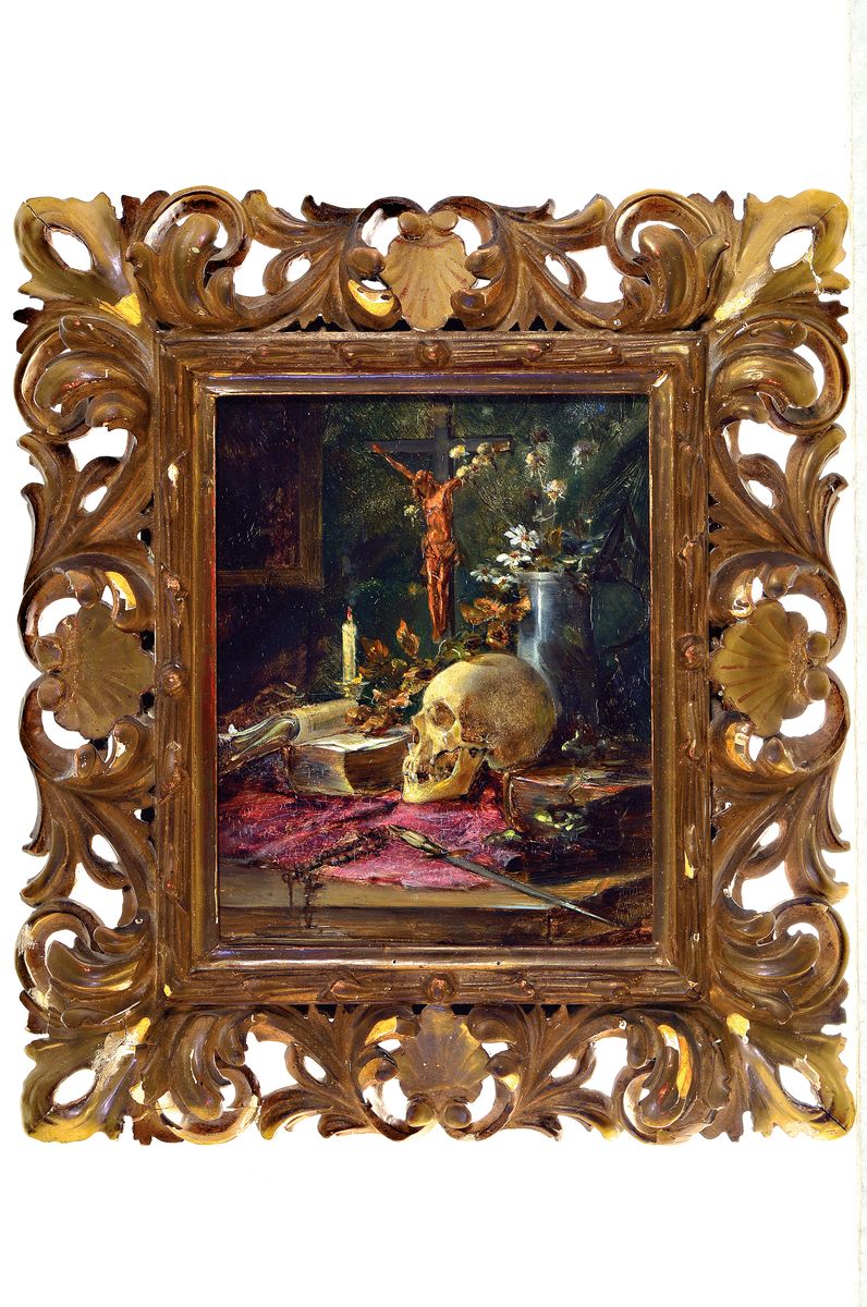 Detail k: Mathilde Knoop-Spielhagen, 1863 Bremen-1904 Kronberg, Vanitas-Stillleben, charakteristische Verbildlichung des memento moris durch Schädel, ...