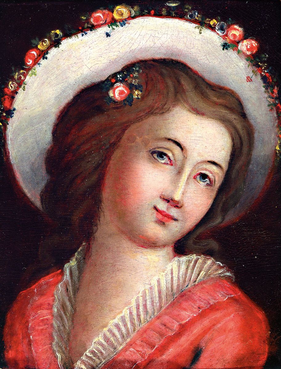 Nachfolge Johann Conrad Seekatz (1719-1768), um 1800, Bildnis einer jungen Frau mit Hut und Blumenschmuck, Öl/Holzplatte, unsigniert, Rahmen mit ...