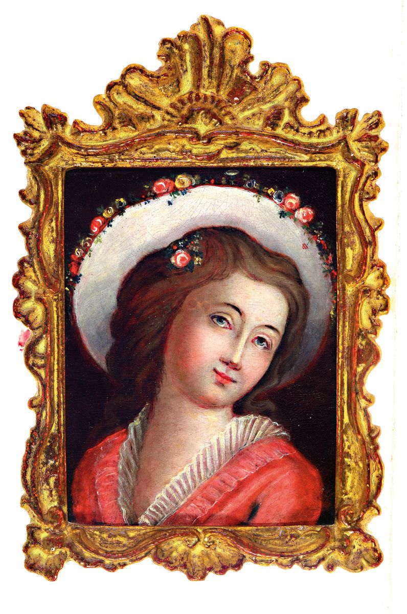Detail k: Nachfolge Johann Conrad Seekatz (1719-1768), um 1800, Bildnis einer jungen Frau mit Hut und Blumenschmuck, Öl/Holzplatte, unsigniert, Rahmen mit ...