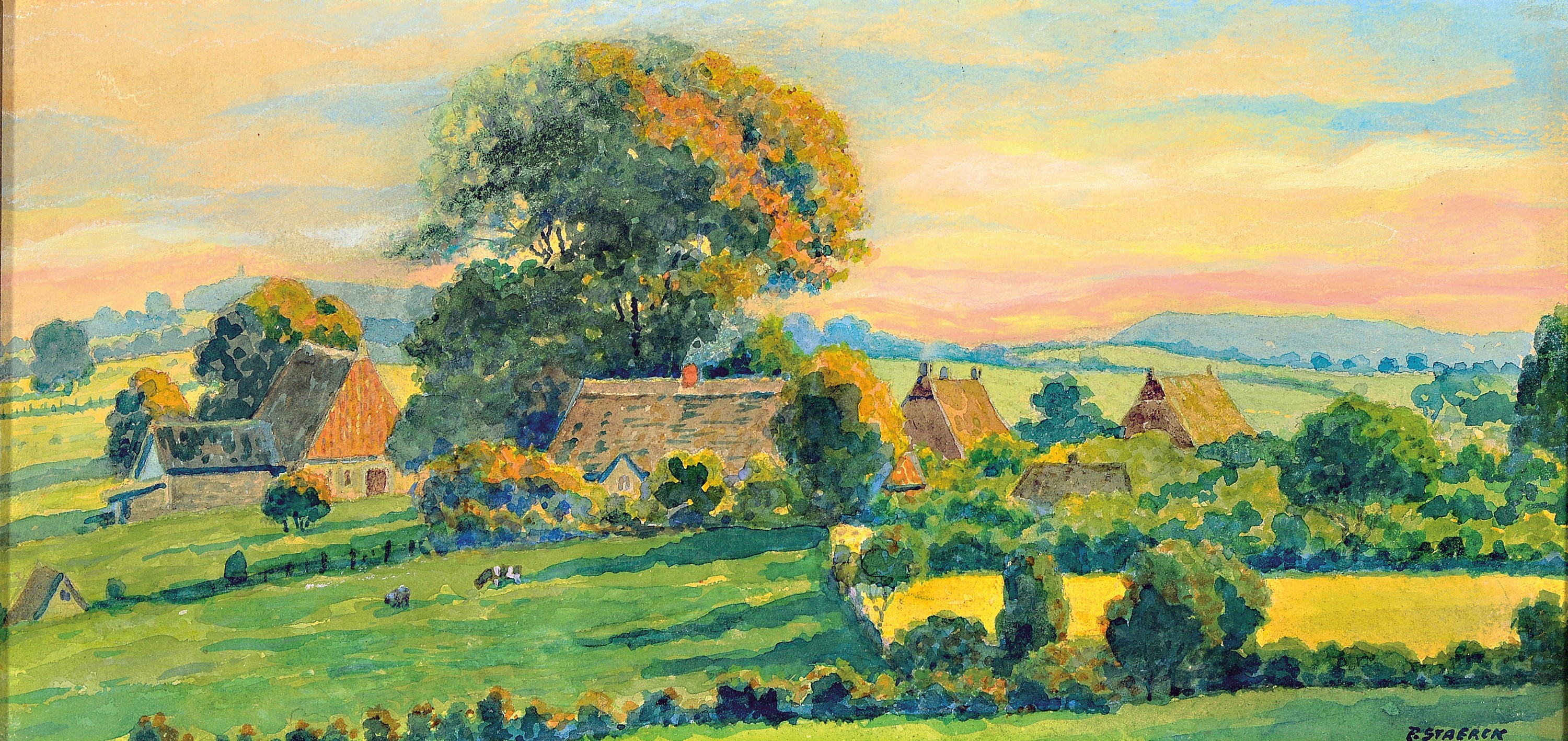 Paul Staerck, geb. 1872 Nordhausen, Mitglied der Künstlerkolonie Heikendorf, Schleswig- Holstein, Aquarell, "Röbsdorf" so verso bez., ...