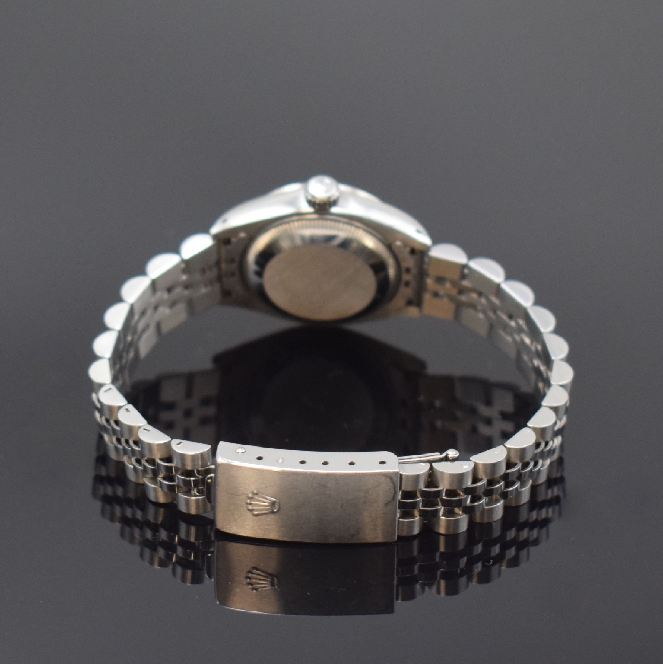 Detail b: ROLEX Damenarmbanduhr Oyster Perpetual Date Referenz 6916, Schweiz um 1970, Automatik, Edelstahlgeh. inkl. Jubileeband m. Faltschl., Boden u. Krone ...