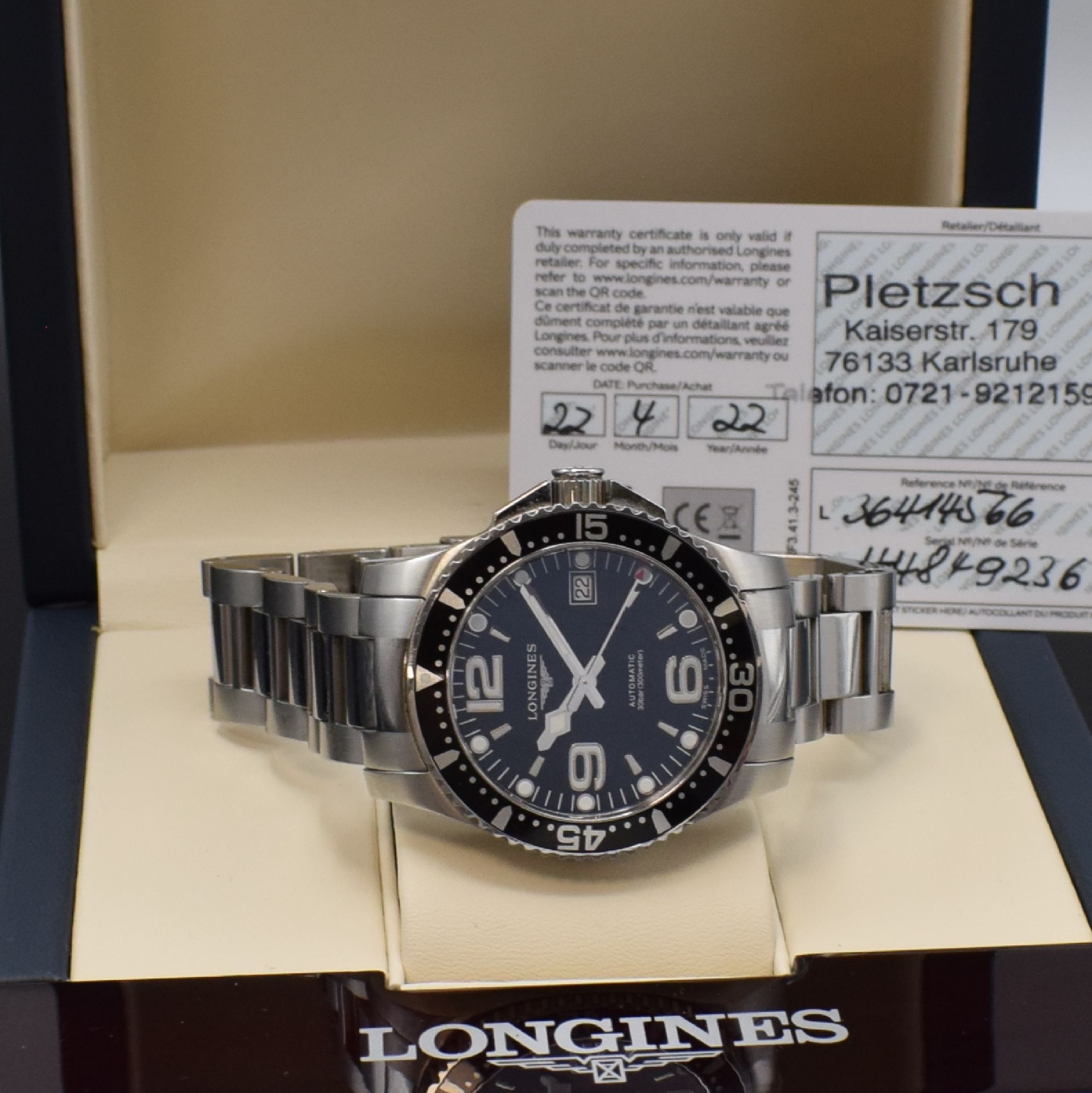 Detail e: LONGINES Hydro Conquest Herrenarmbanduhr Referenz L3.641.4, Schweiz verk. 04/2022, Automatik, verschraubtes Edelstahlgeh. inkl. orig. Gliederband m. ...