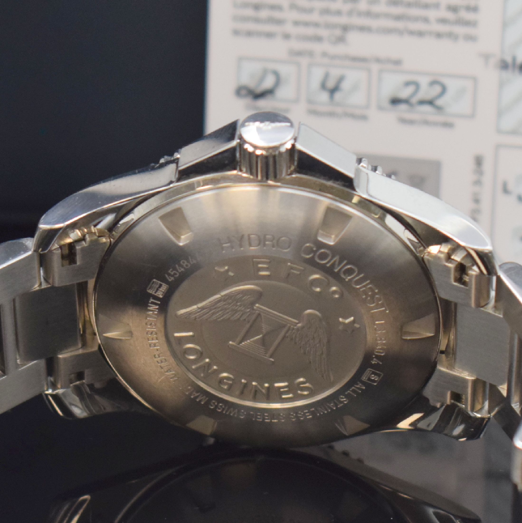 Detail d: LONGINES Hydro Conquest Herrenarmbanduhr Referenz L3.840.4, Schweiz verk. lt. beil. Pap. 04/2022, quarz, verschr. Edelstahlgeh. m. eins. drehb. ...