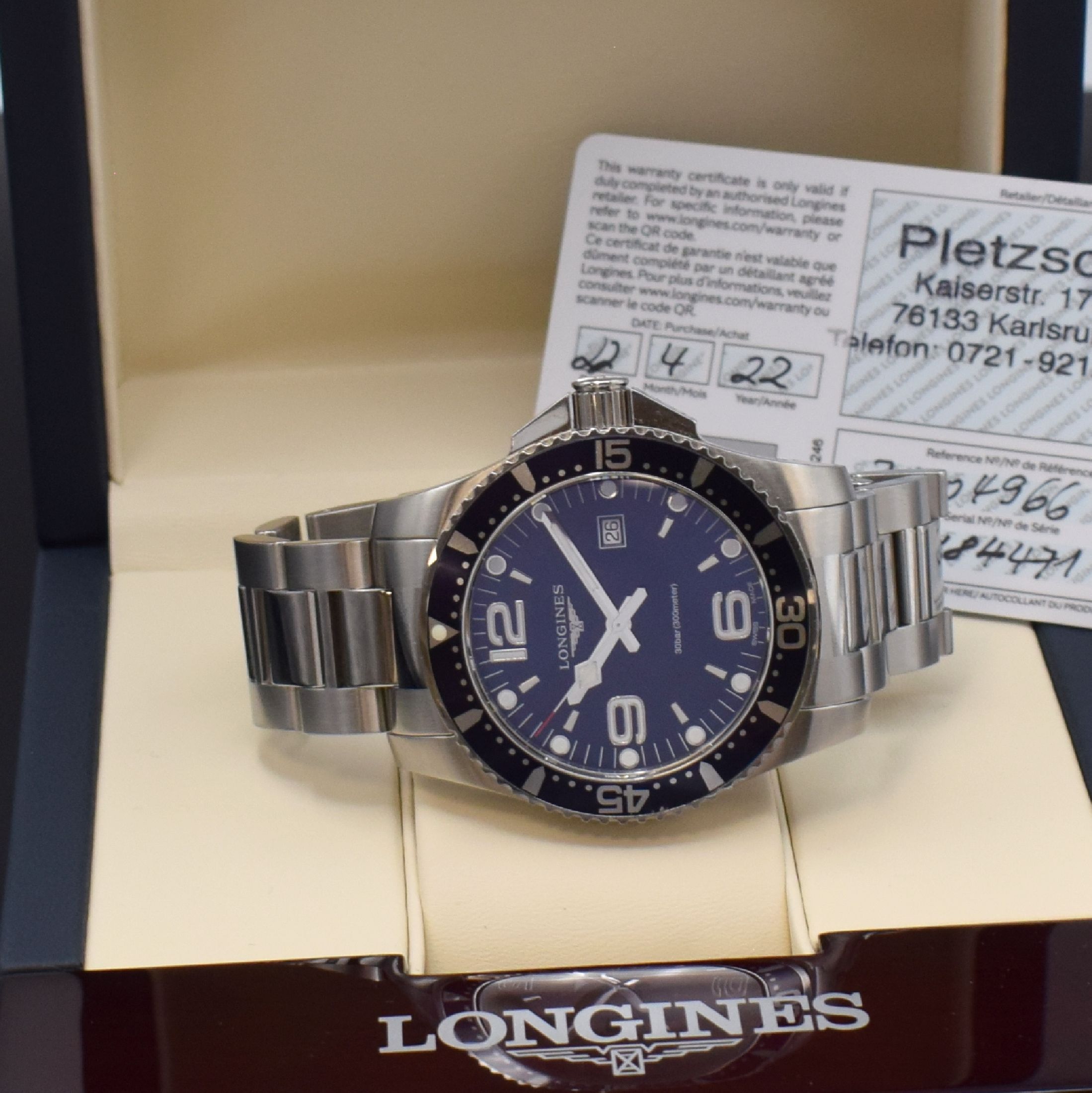 Detail e: LONGINES Hydro Conquest Herrenarmbanduhr Referenz L3.840.4, Schweiz verk. lt. beil. Pap. 04/2022, quarz, verschr. Edelstahlgeh. m. eins. drehb. ...