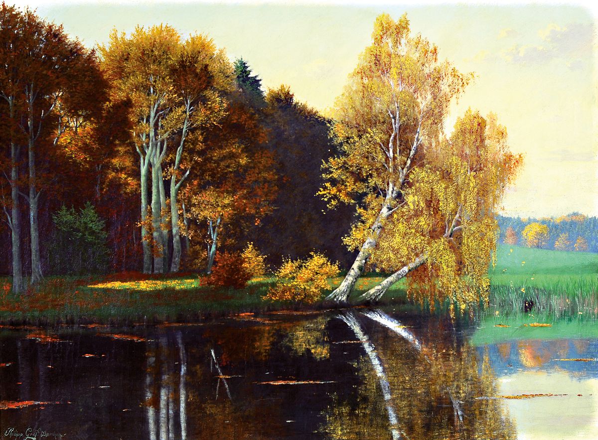 Philipp Graf senior, 1874 Würzburg-1947 Prien am Chiemsee, Herbstlandschaft mit Birken an einem See, Öl/Lwd, links unten signiert, 67x88cm, ...
