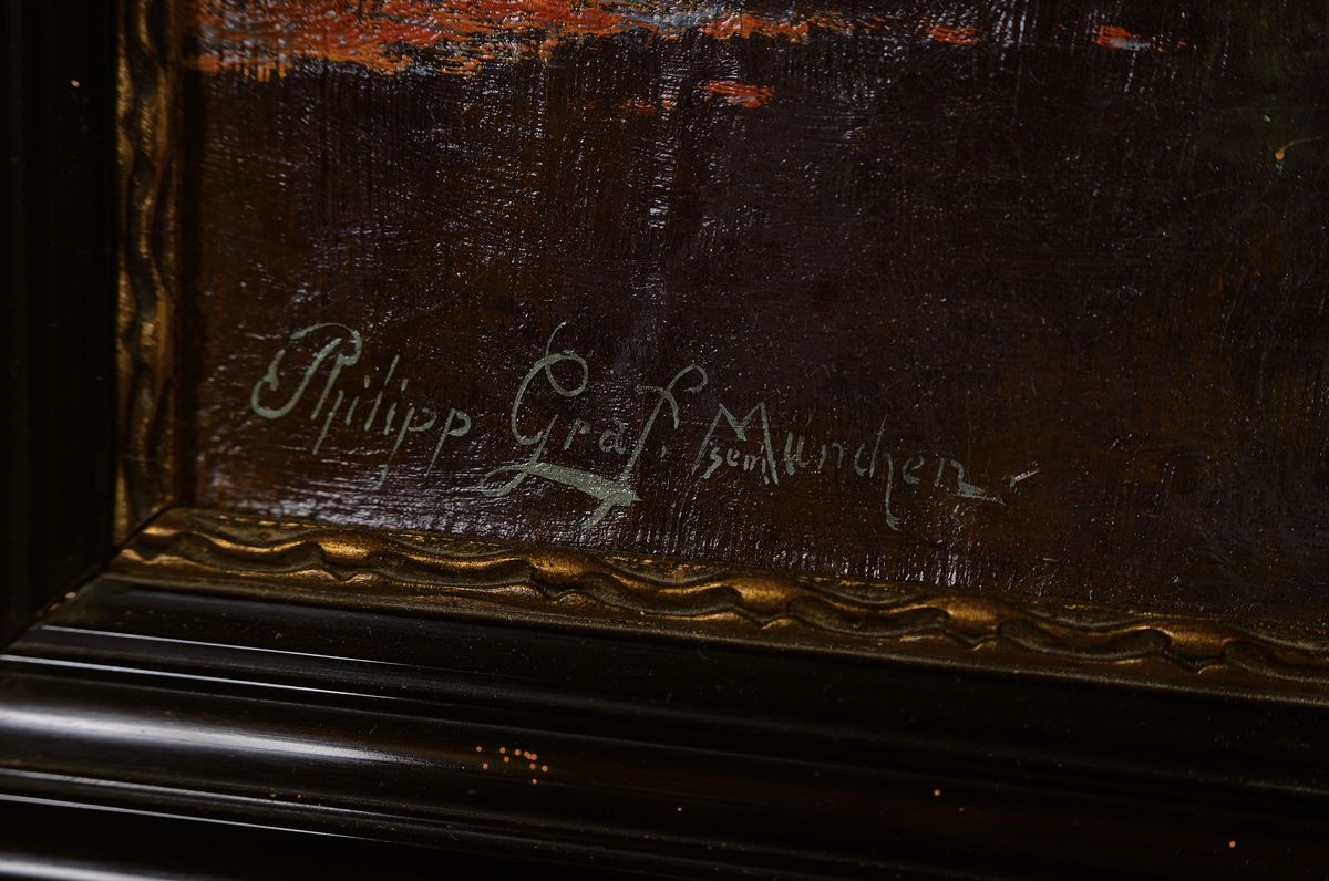 Detail a: Philipp Graf senior, 1874 Würzburg-1947 Prien am Chiemsee, Herbstlandschaft mit Birken an einem See, Öl/Lwd, links unten signiert, 67x88cm, ...