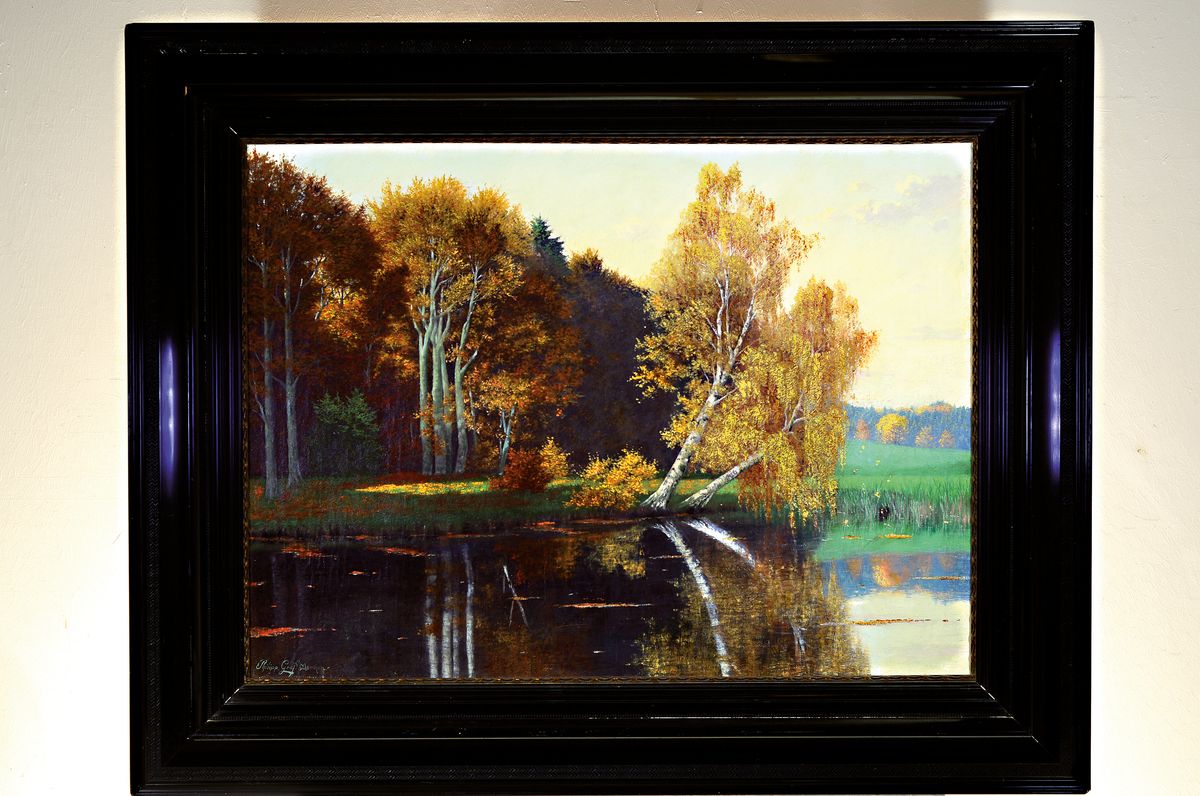 Detail k: Philipp Graf senior, 1874 Würzburg-1947 Prien am Chiemsee, Herbstlandschaft mit Birken an einem See, Öl/Lwd, links unten signiert, 67x88cm, ...