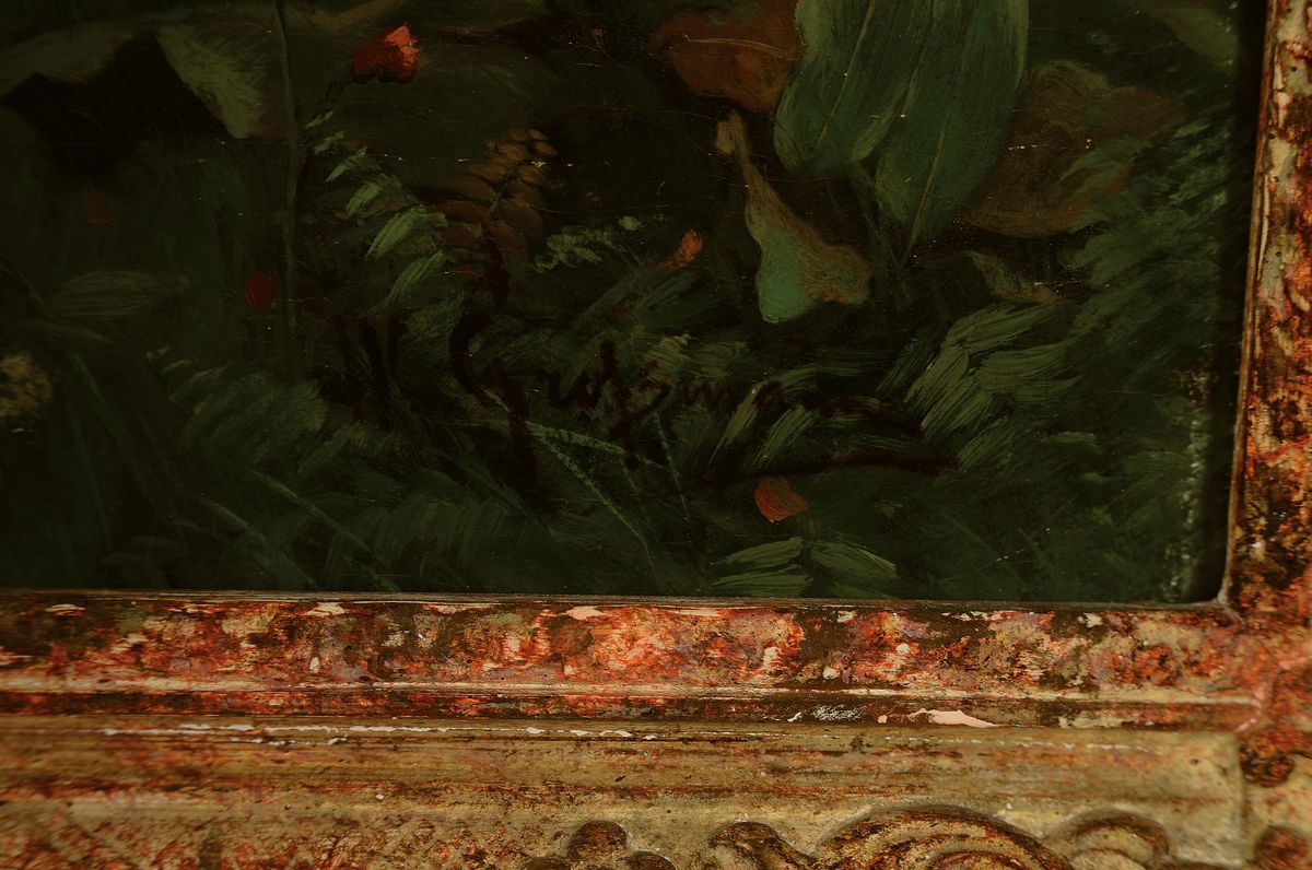 Detail a: Wilhelm Großmann, Berliner Genremaler der 2. Hälfte des 19. Jh., hier: Ein Stelldichein, so rückseitig betitelt, junger Mann winkt von einer ...