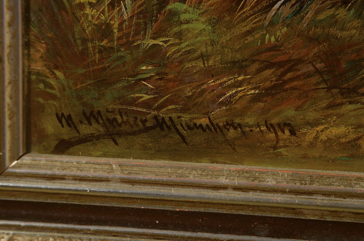 Detail a: M. Müller-München, Maler des frühen 20. Jh.,Landschaft im Dachauer Moos, Öl/Malkarton, links unten signiert und dat. 1902, ca. 35x50 cm, R. ca. ...