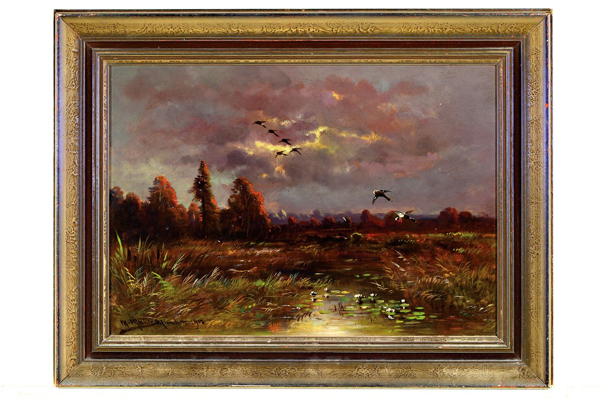 Detail k: M. Müller-München, Maler des frühen 20. Jh.,Landschaft im Dachauer Moos, Öl/Malkarton, links unten signiert und dat. 1902, ca. 35x50 cm, R. ca. ...